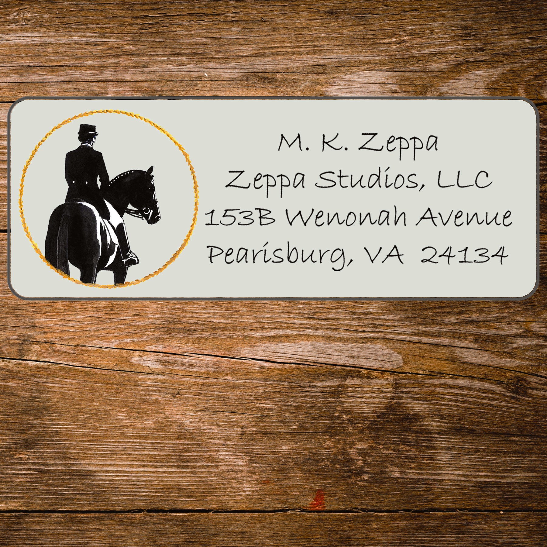Return address label with a Dressage illustration.