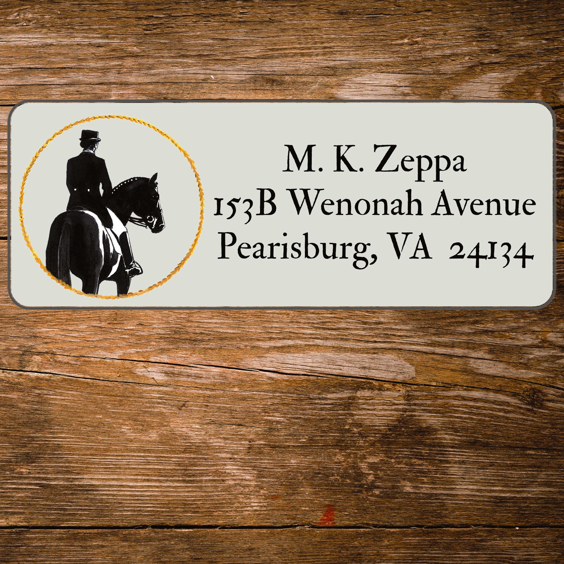 Return address label with a Dressage illustration.