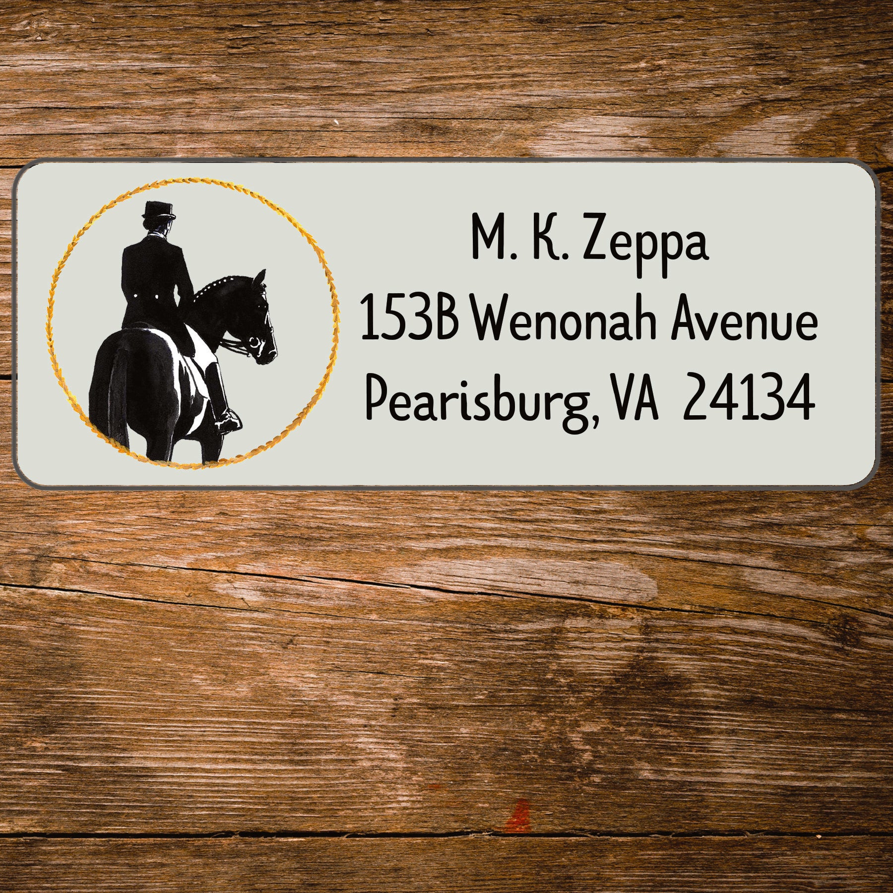 Return address label with a Dressage illustration.