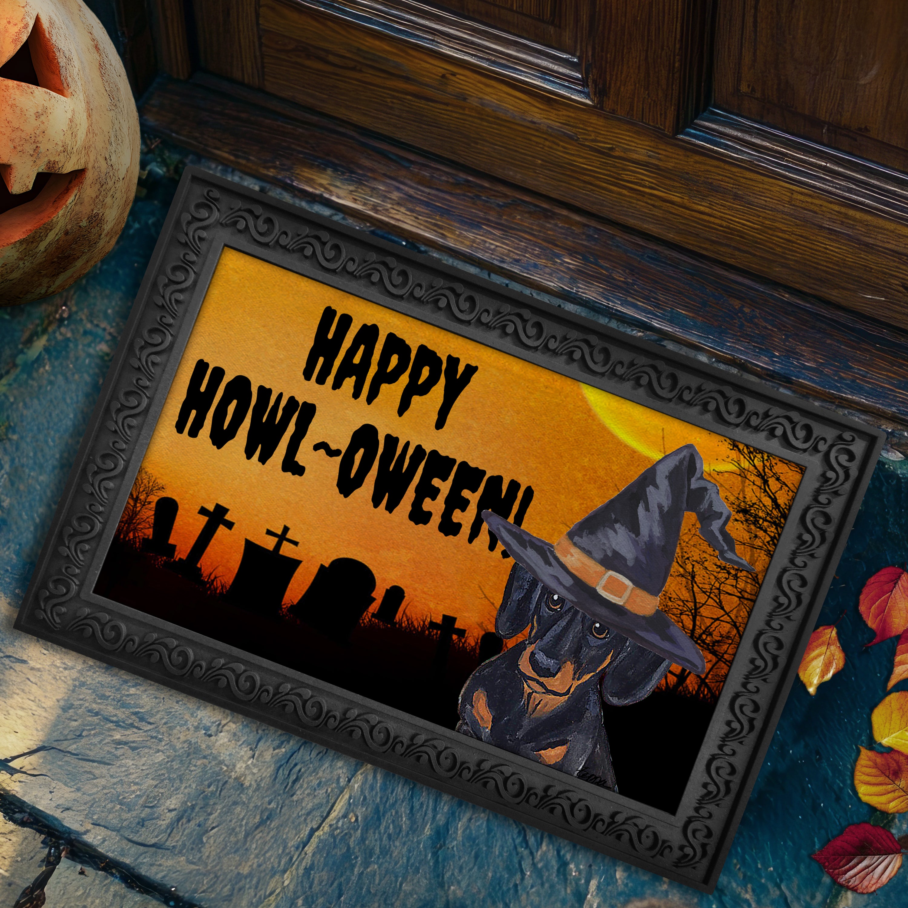 Halloween-themed doormat with a Dachshund wearing a witch hat and 'Happy Howl-Oween!' text on a doorstep.