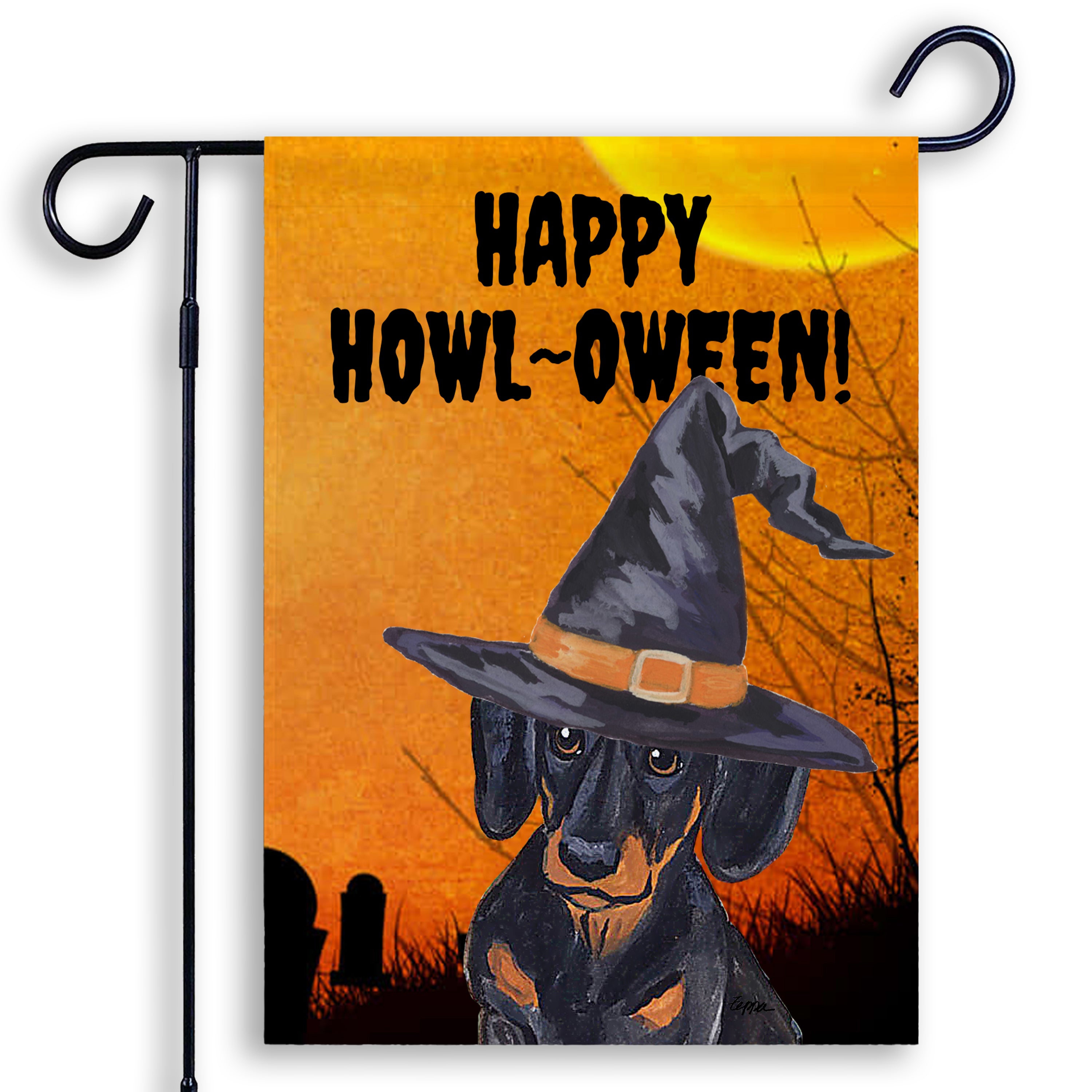Halloween-themed garden flag with an Dachshund wearing a witch hat and 'Happy Howl-Oween!' text on an orange background.