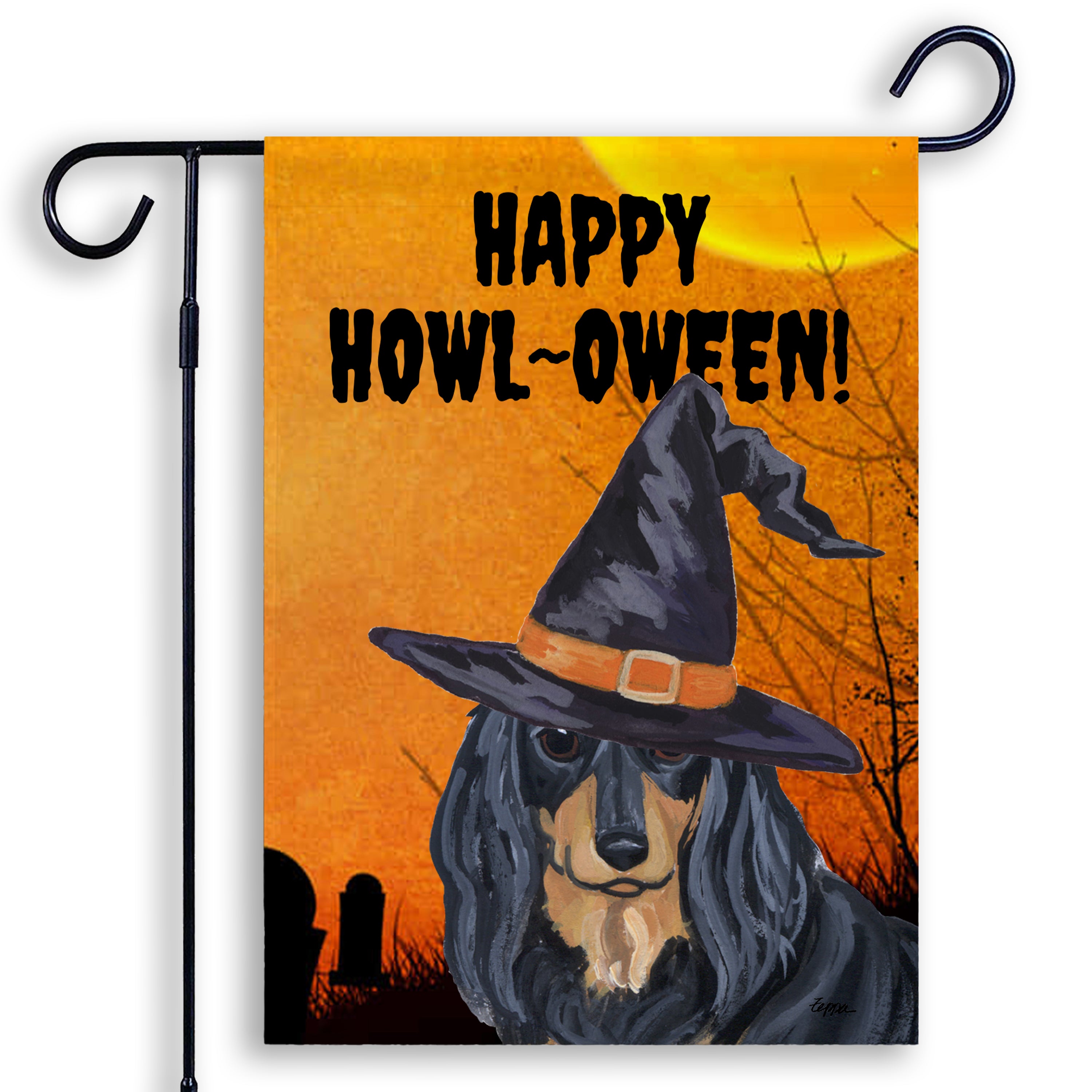 Halloween-themed garden flag with an Dachshund wearing a witch hat and 'Happy Howl-Oween!' text on an orange background.