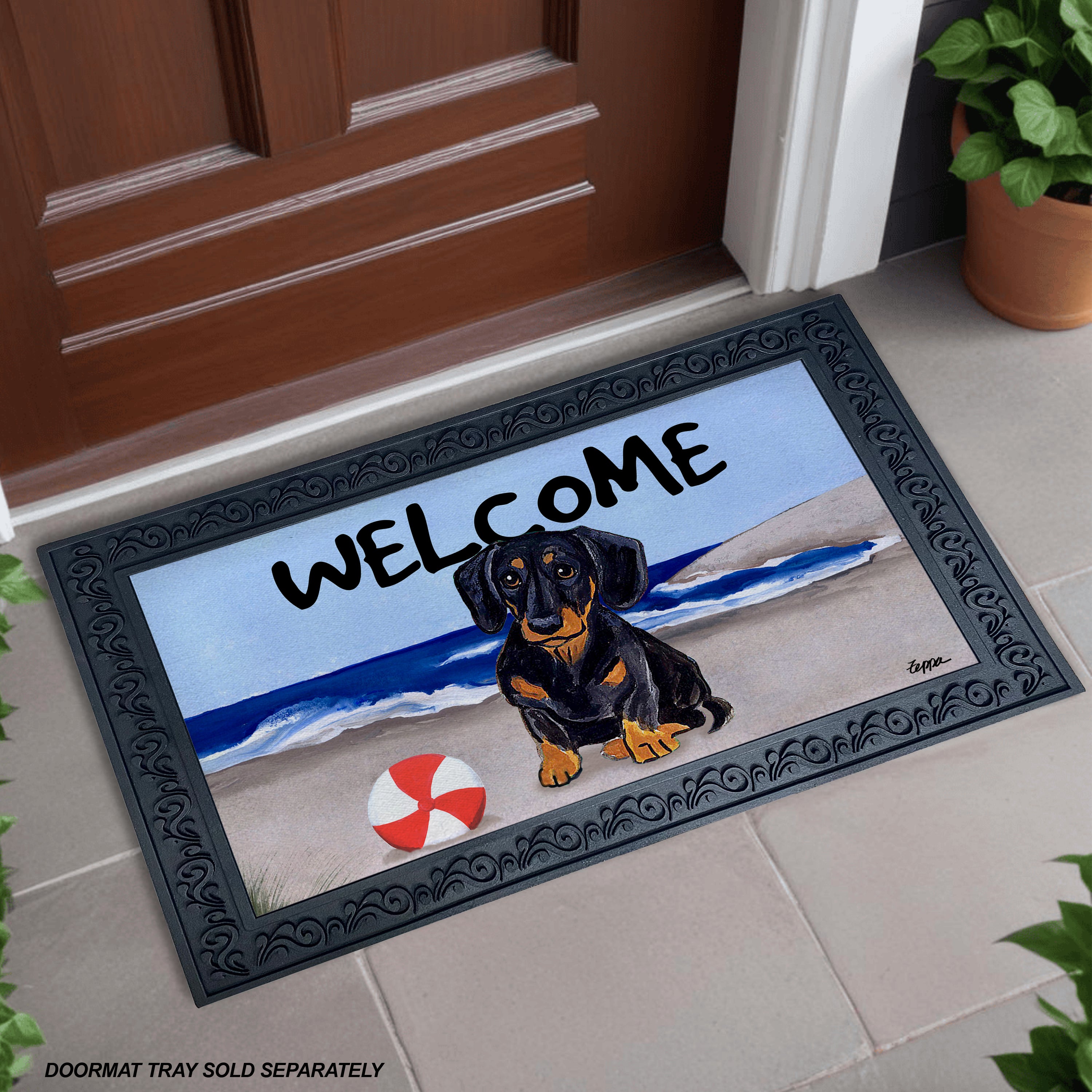 Black and Tan Dachshund Beach Scene Welcome Mat