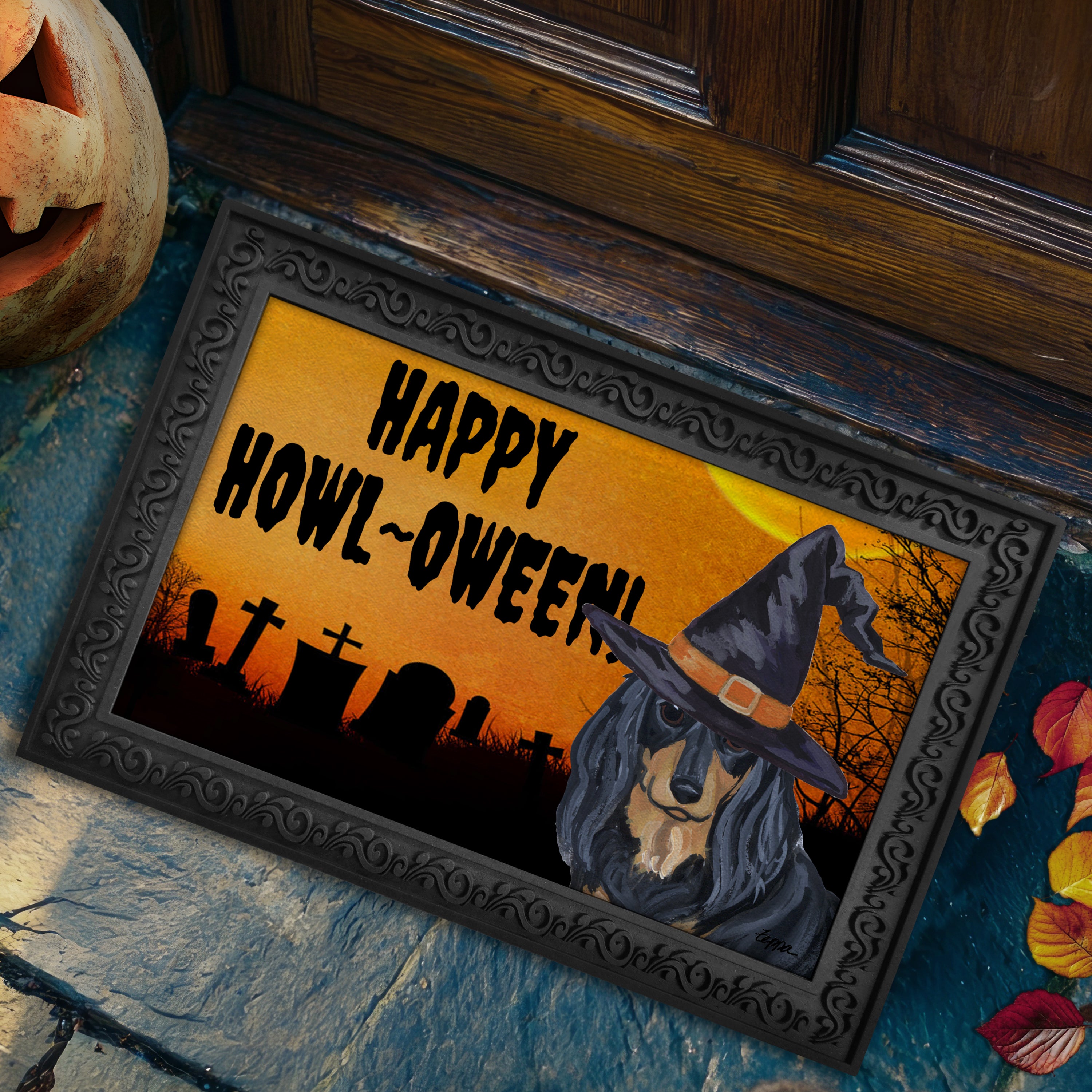 Halloween-themed doormat with a Dachshund wearing a witch hat and 'Happy Howl-Oween!' text on a doorstep.