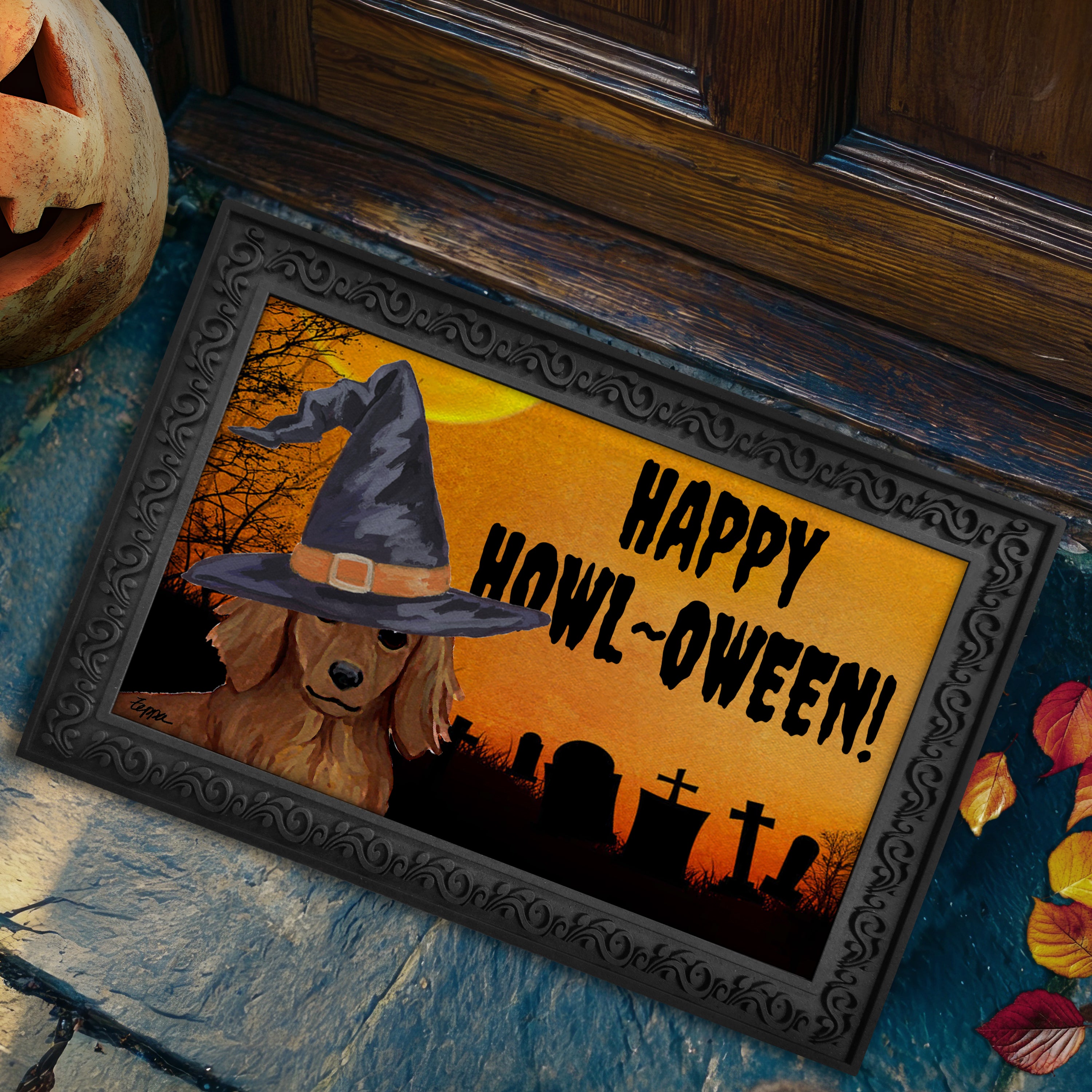 Halloween-themed doormat with a Dachshund wearing a witch hat and 'Happy Howl-Oween!' text on a doorstep.