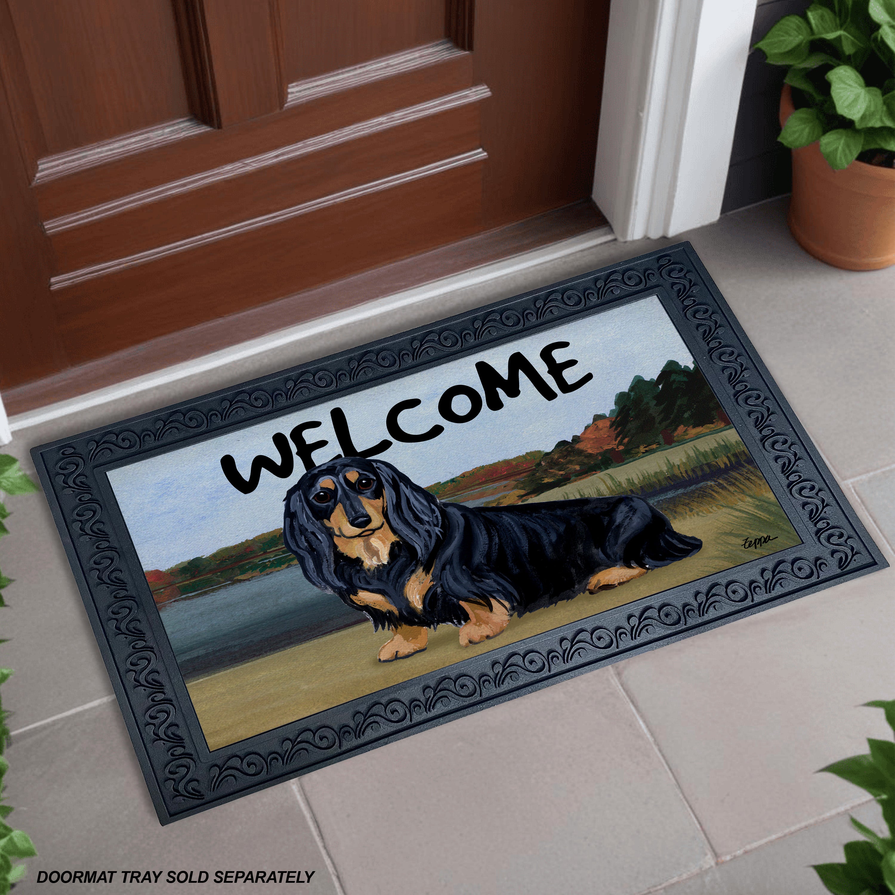 Longhaired Black and Tan Dachshund Lake Scene Welcome Mat