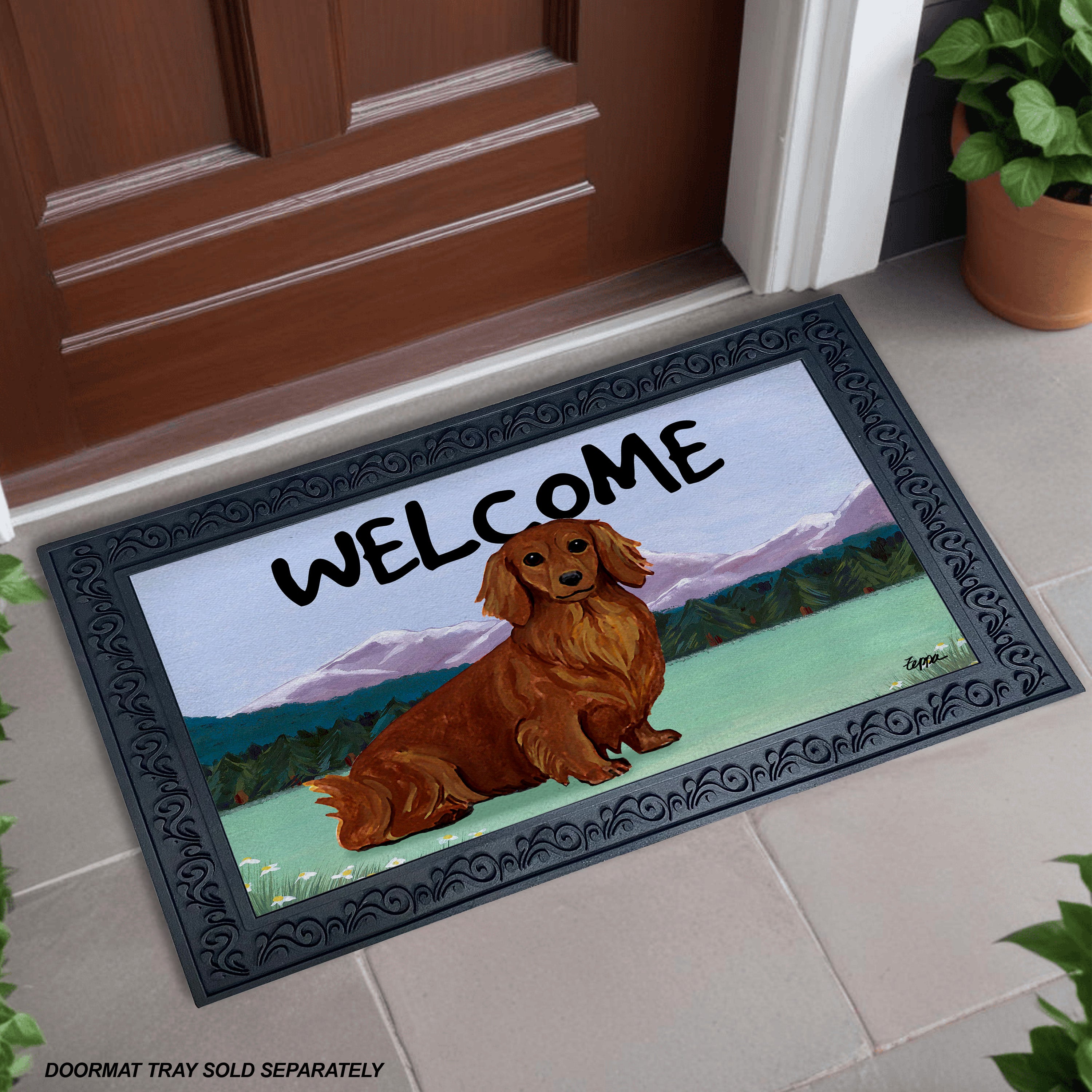 Longhaired Red Dachshund Mountain Scene Welcome Mat