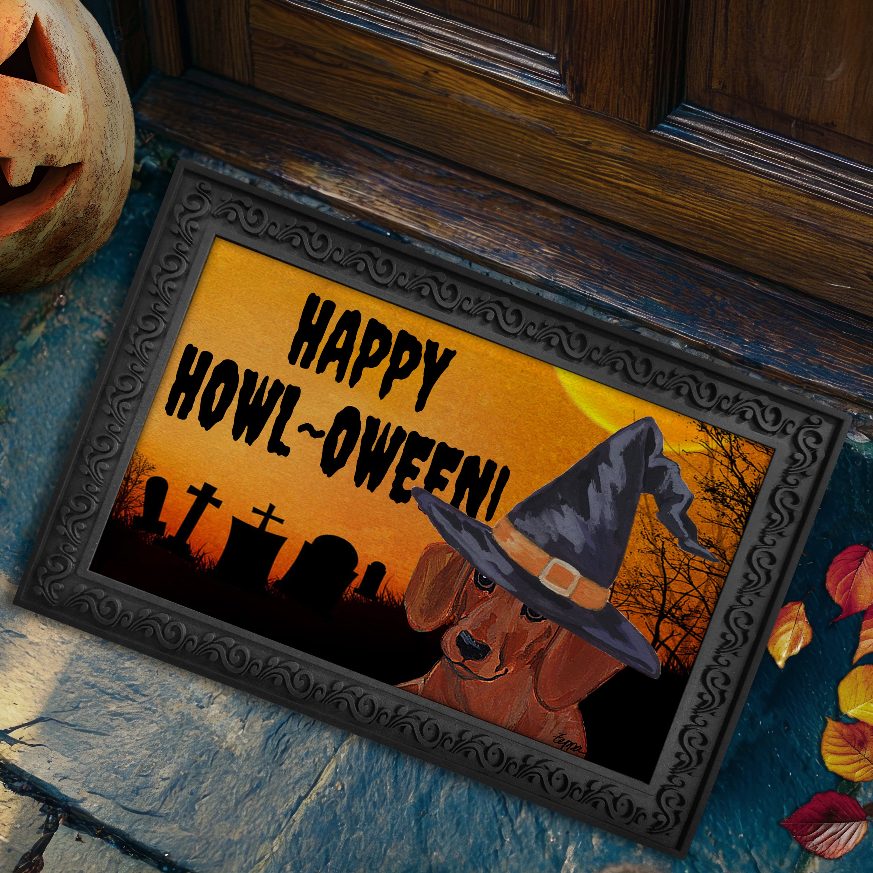 Halloween-themed doormat with a Dachshund wearing a witch hat and 'Happy Howl-Oween!' text on a doorstep.