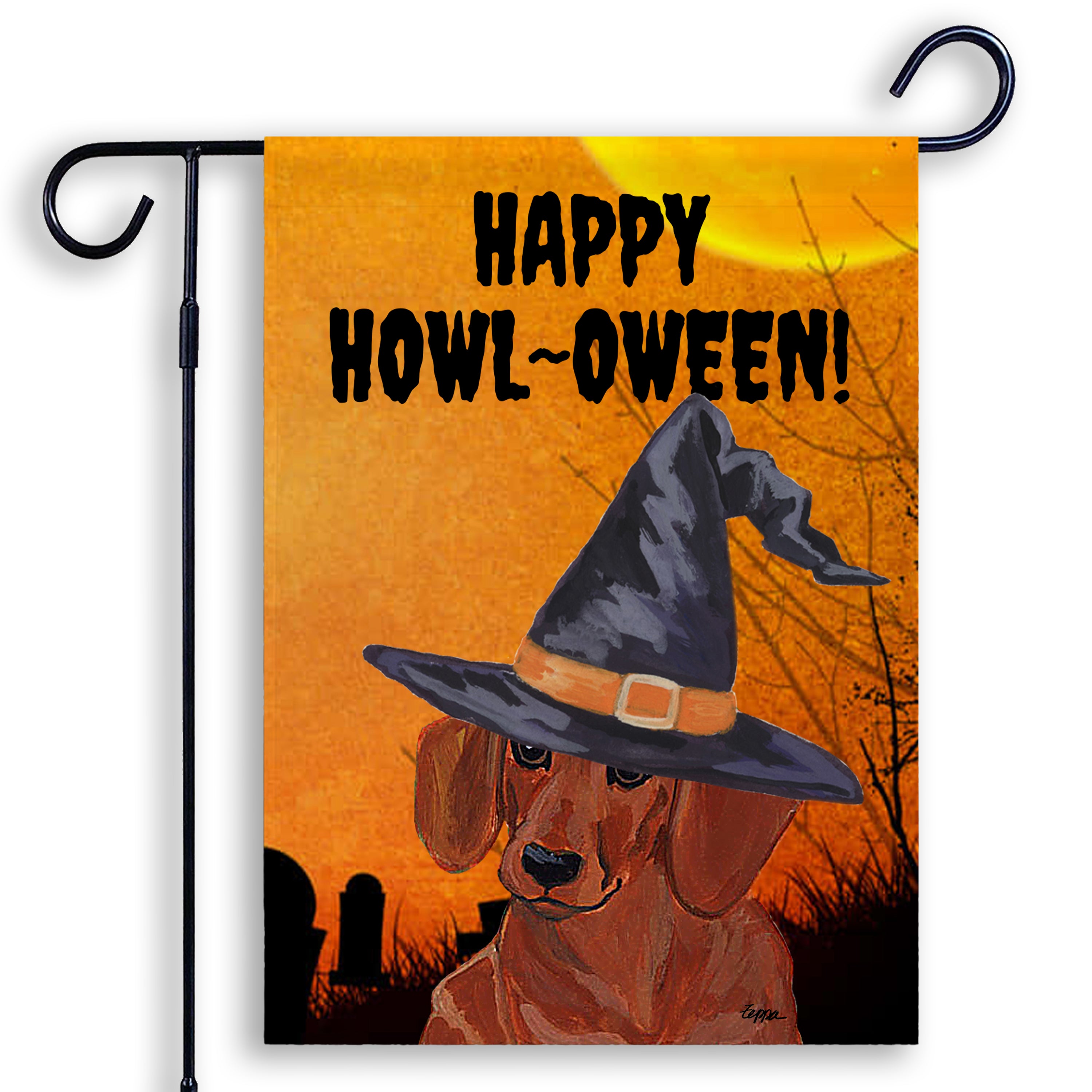 Halloween-themed garden flag with an Dachshund wearing a witch hat and 'Happy Howl-Oween!' text on an orange background.