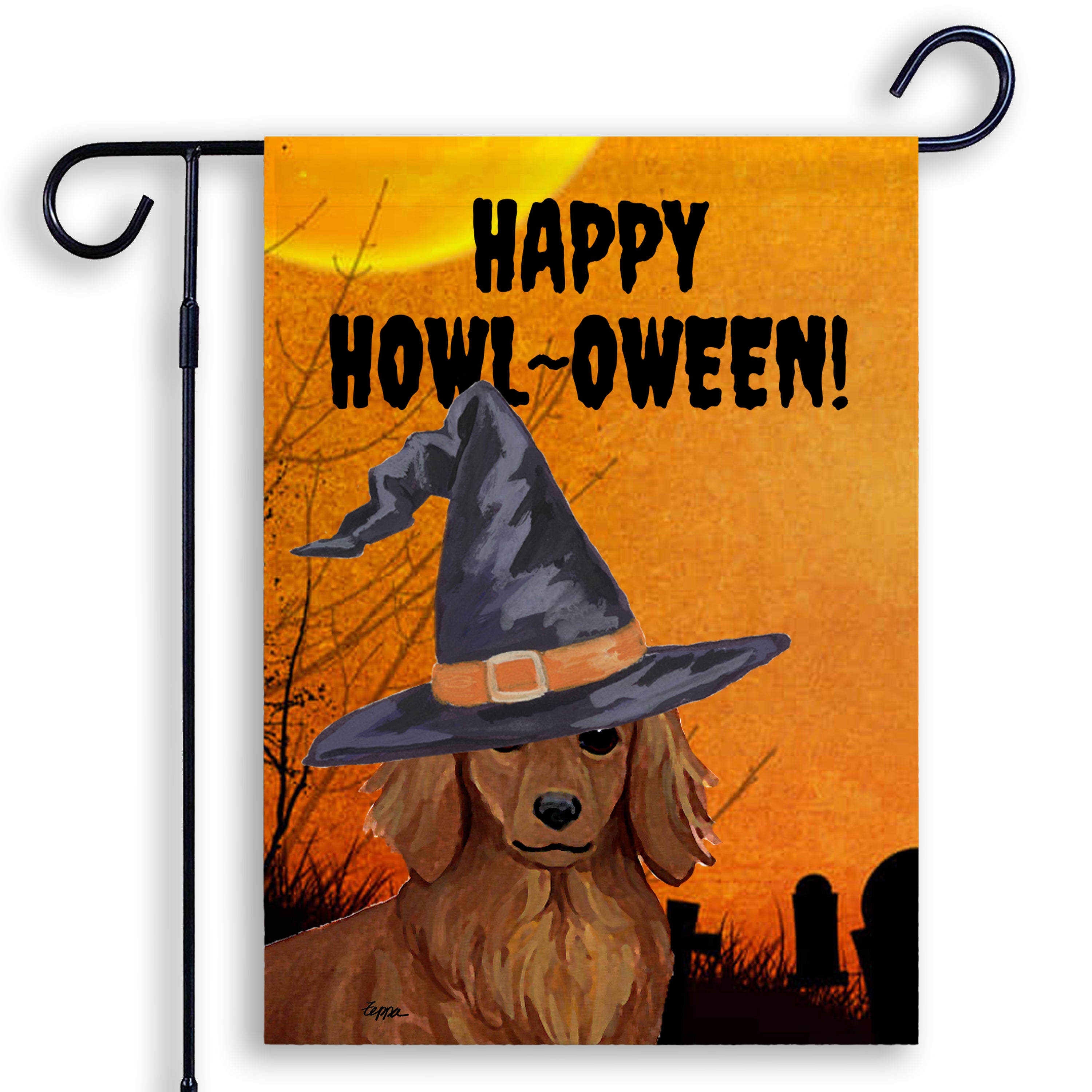 Halloween-themed garden flag with an Dachshund wearing a witch hat and 'Happy Howl-Oween!' text on an orange background.