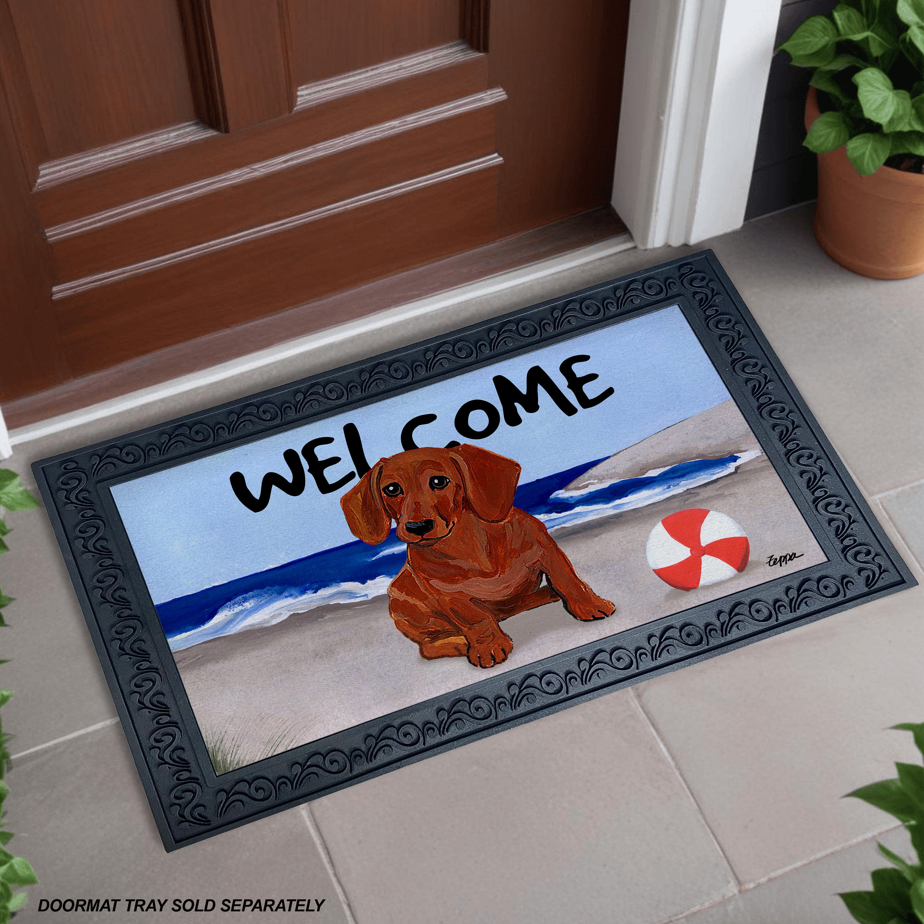 Red Dachshund Beach Scene Welcome Mat