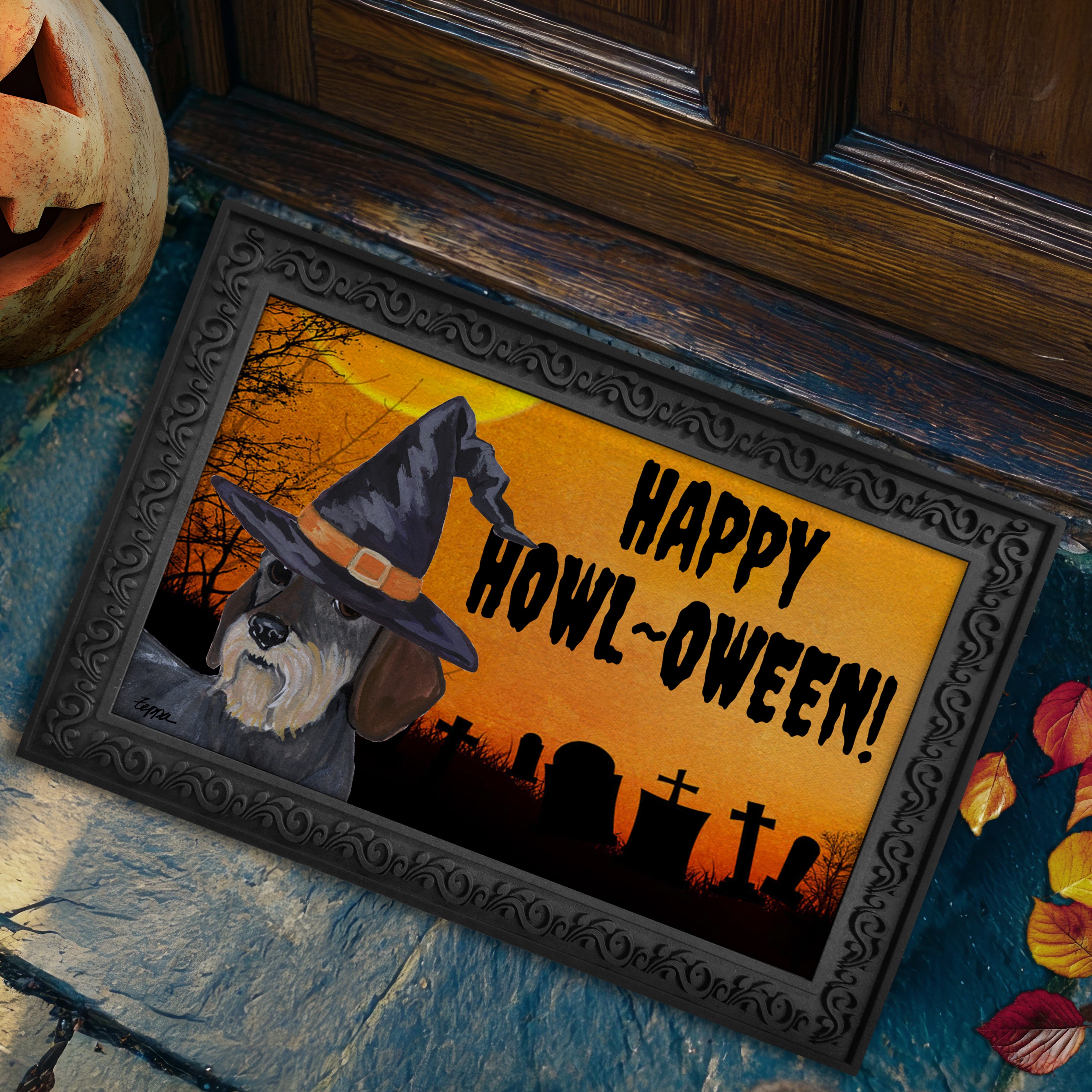 Halloween-themed doormat with a Dachshund wearing a witch hat and 'Happy Howl-Oween!' text on a doorstep.