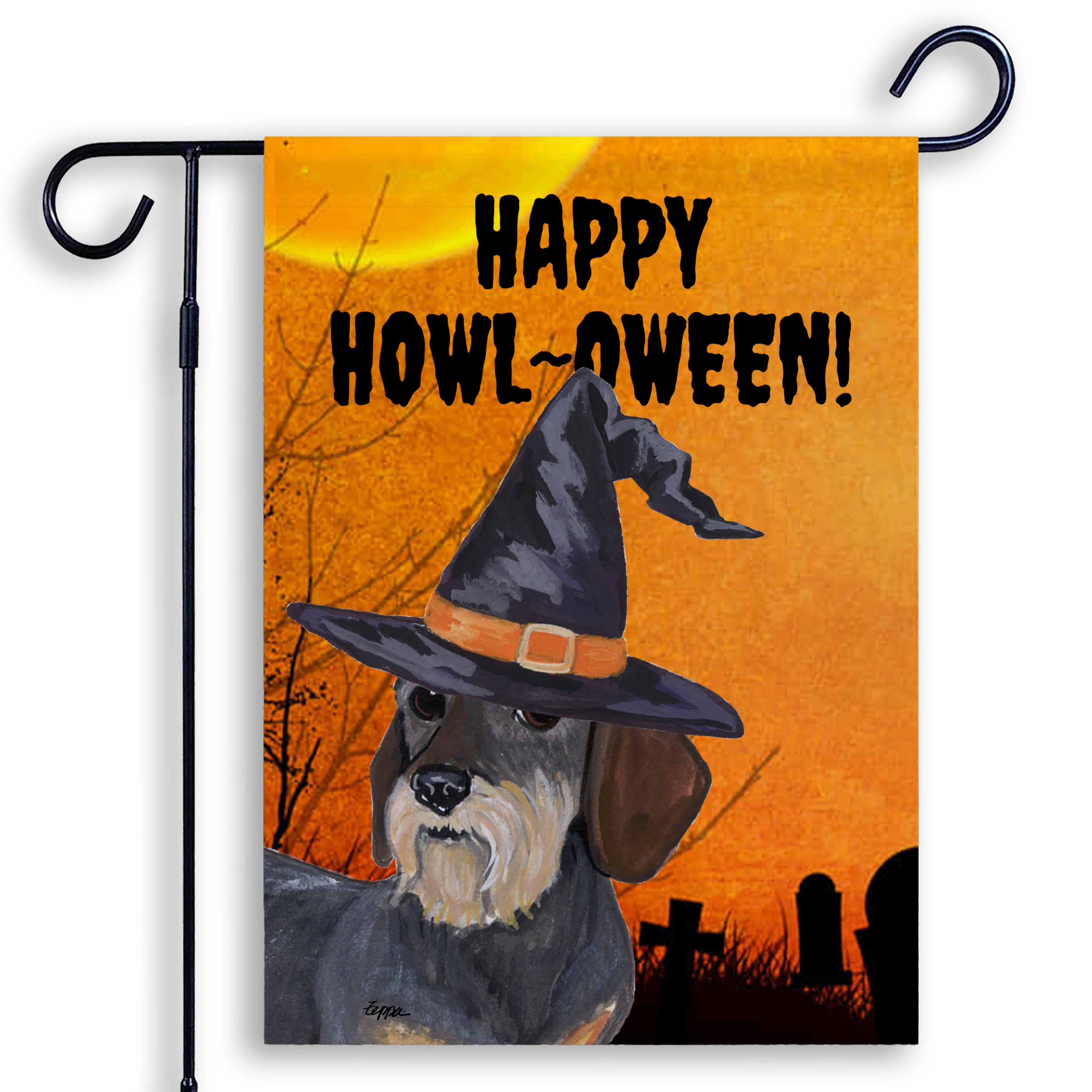 Halloween-themed garden flag with an Dachshund wearing a witch hat and 'Happy Howl-Oween!' text on an orange background.