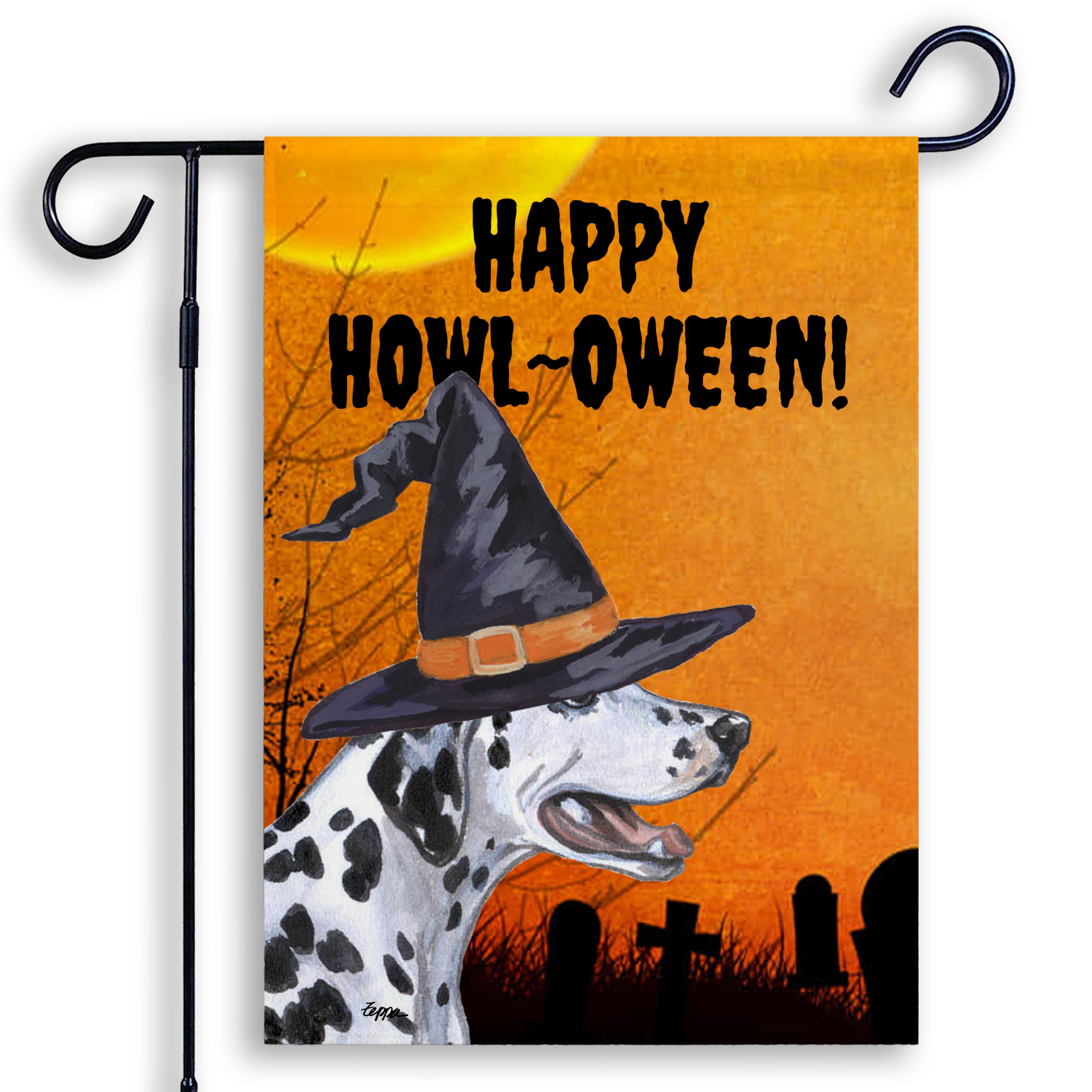 Halloween-themed garden flag with an Dalmatian wearing a witch hat and 'Happy Howl-Oween!' text on an orange background.