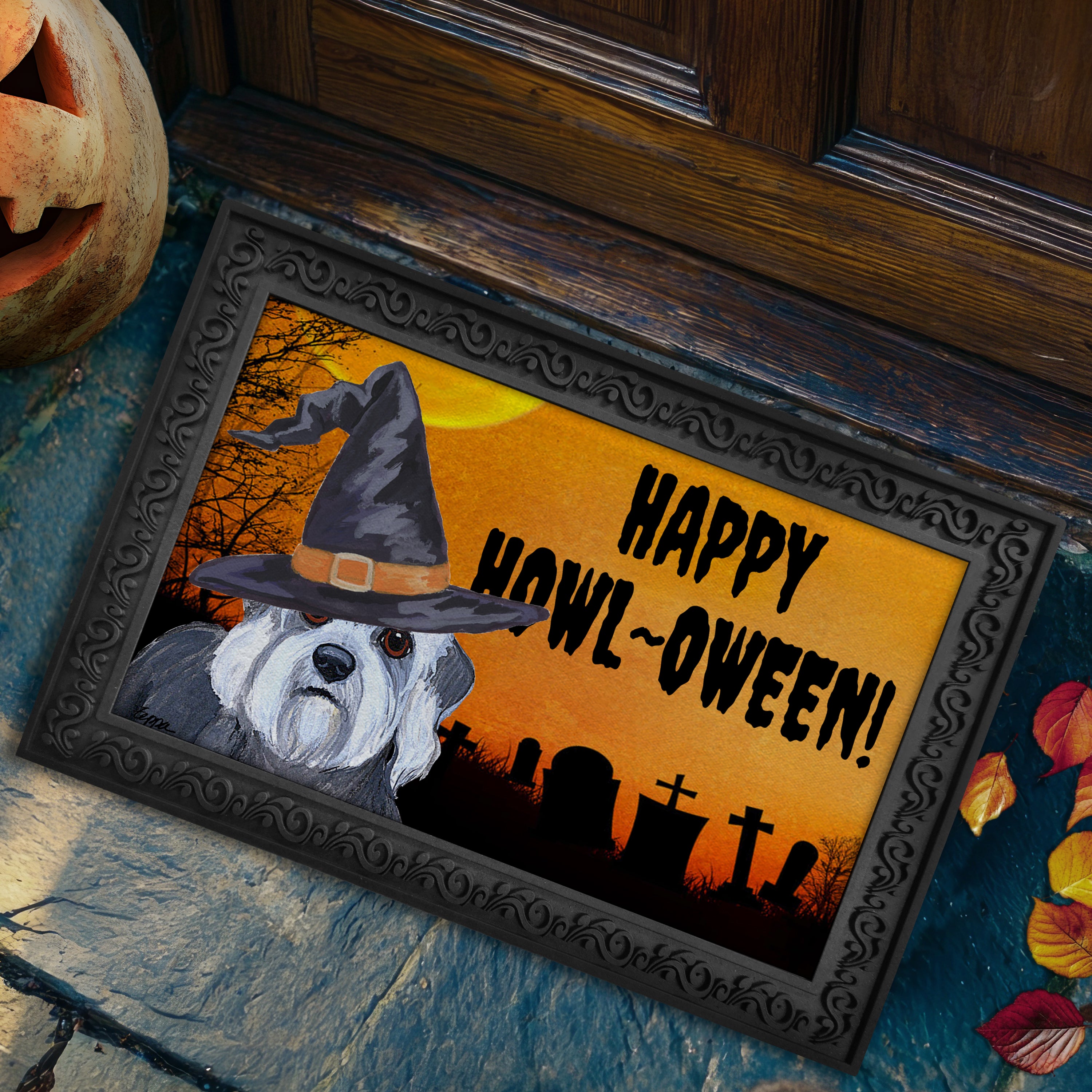 Halloween-themed doormat with a Dandi Dinmont Terrier wearing a witch hat and 'Happy Howl-Oween!' text on a doorstep.