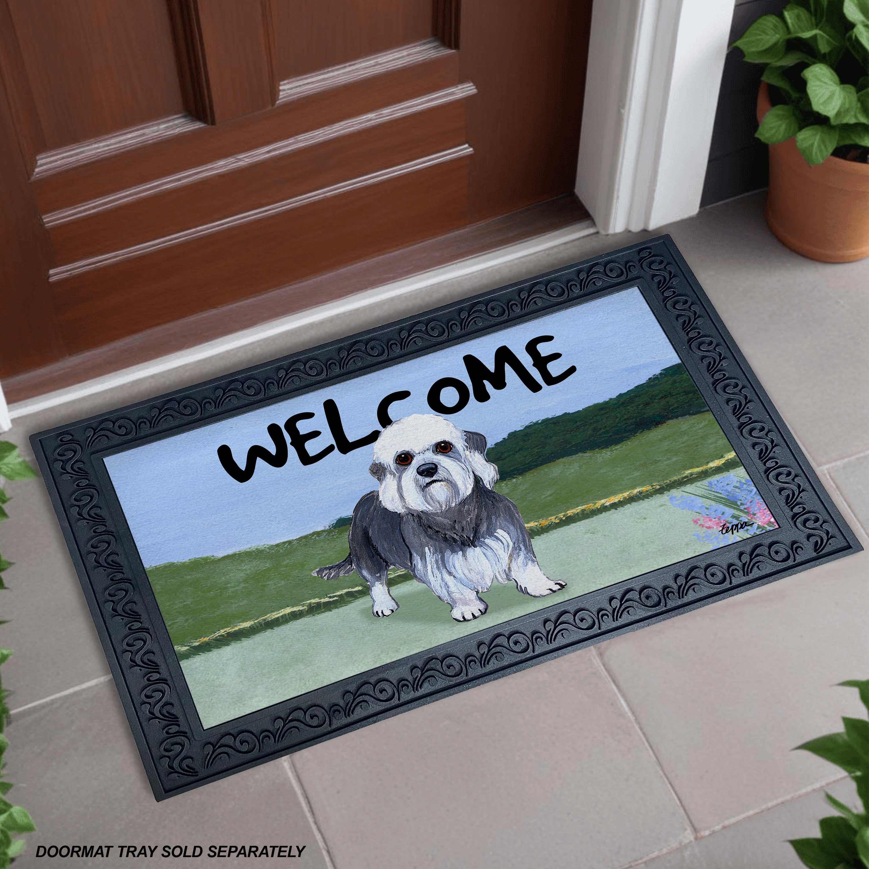 Dandi DInmont Terrier Yard Scene Welcome Mat