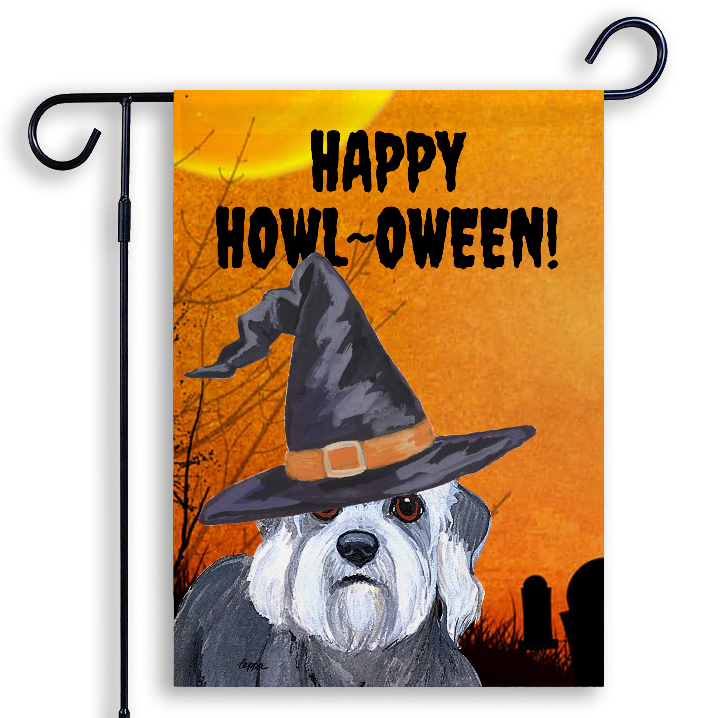 Halloween-themed garden flag with an Dandi Dinmont Terrier wearing a witch hat and 'Happy Howl-Oween!' text on an orange background.