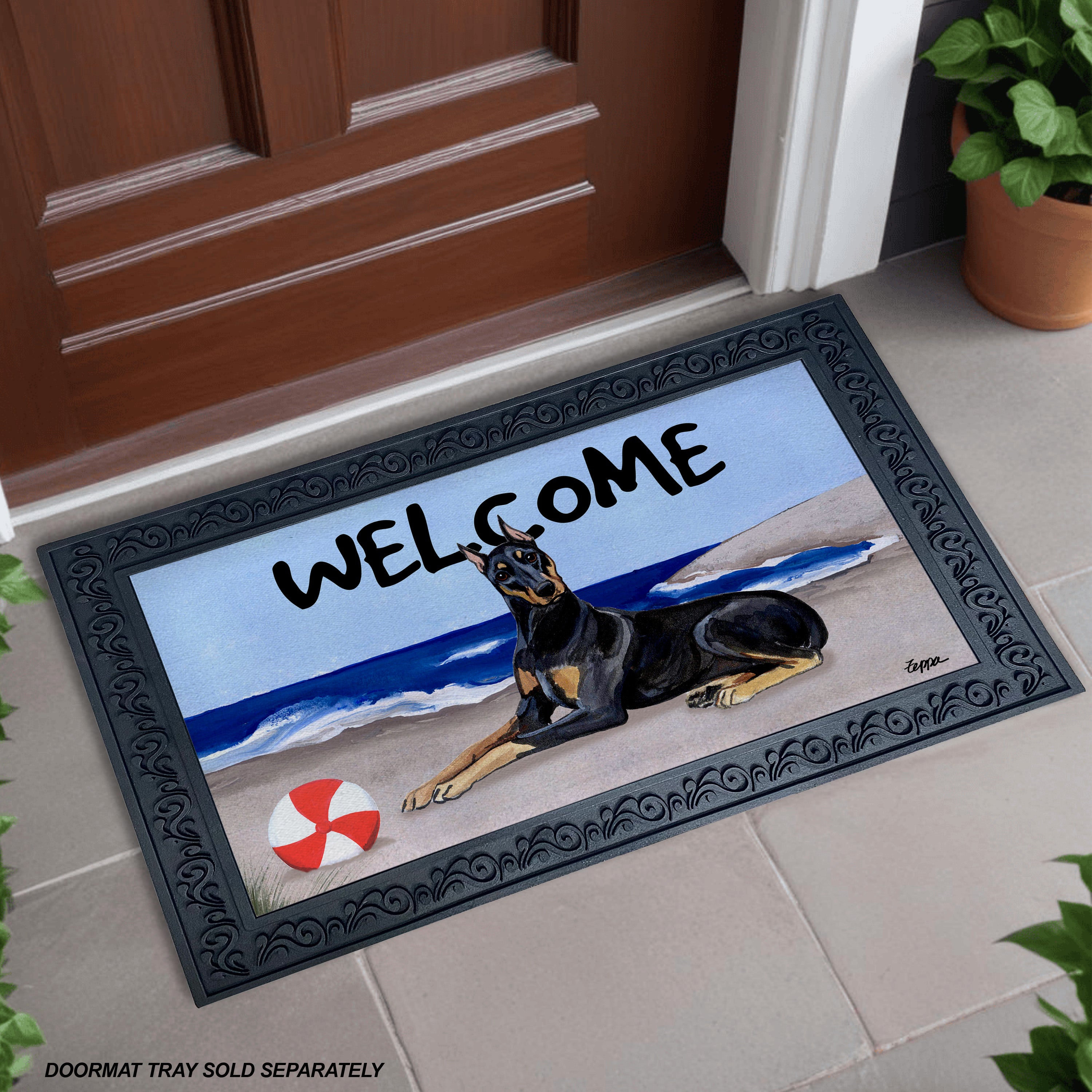 Doberman Beach Scene Welcome Mat