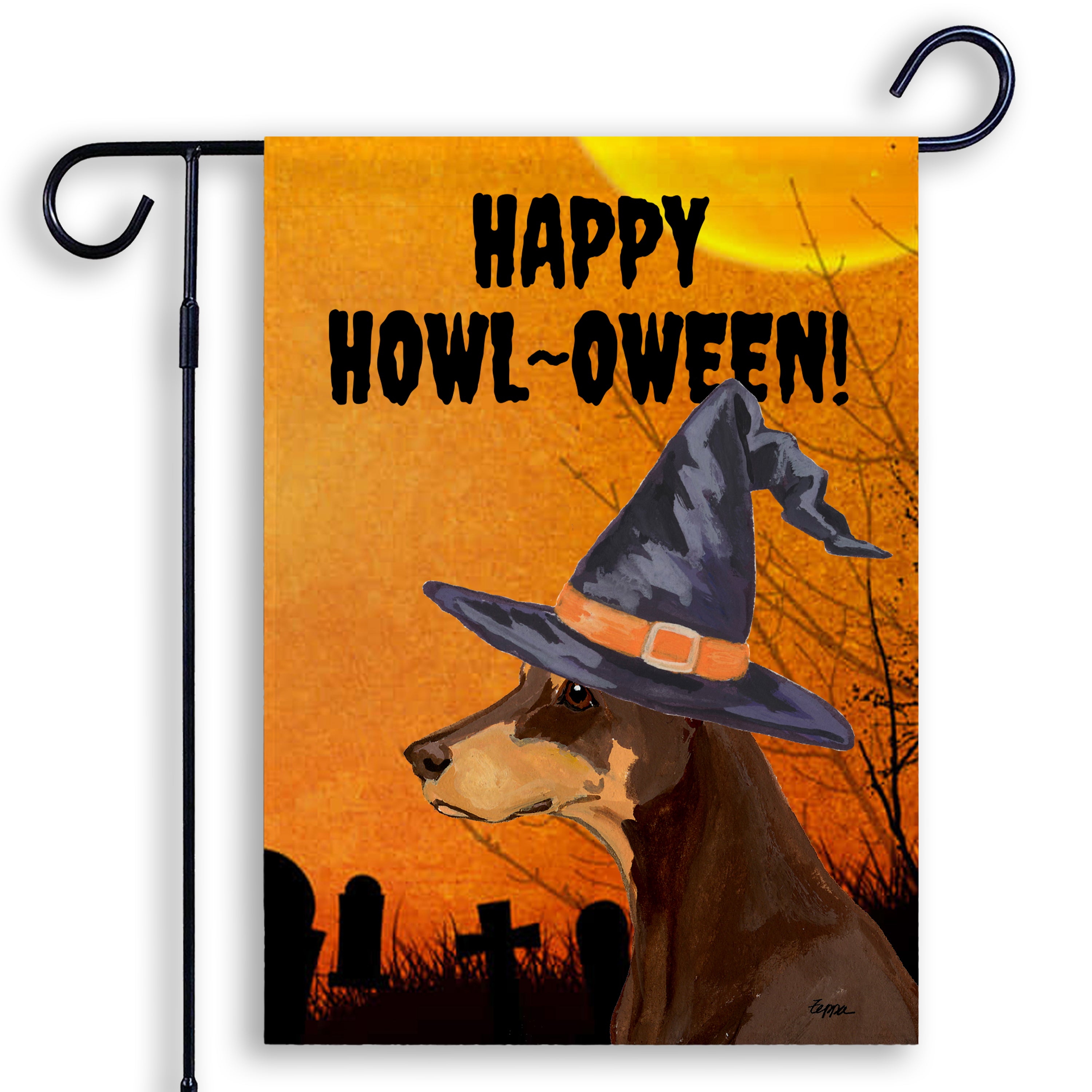 Halloween-themed garden flag with an Doberman wearing a witch hat and 'Happy Howl-Oween!' text on an orange background.