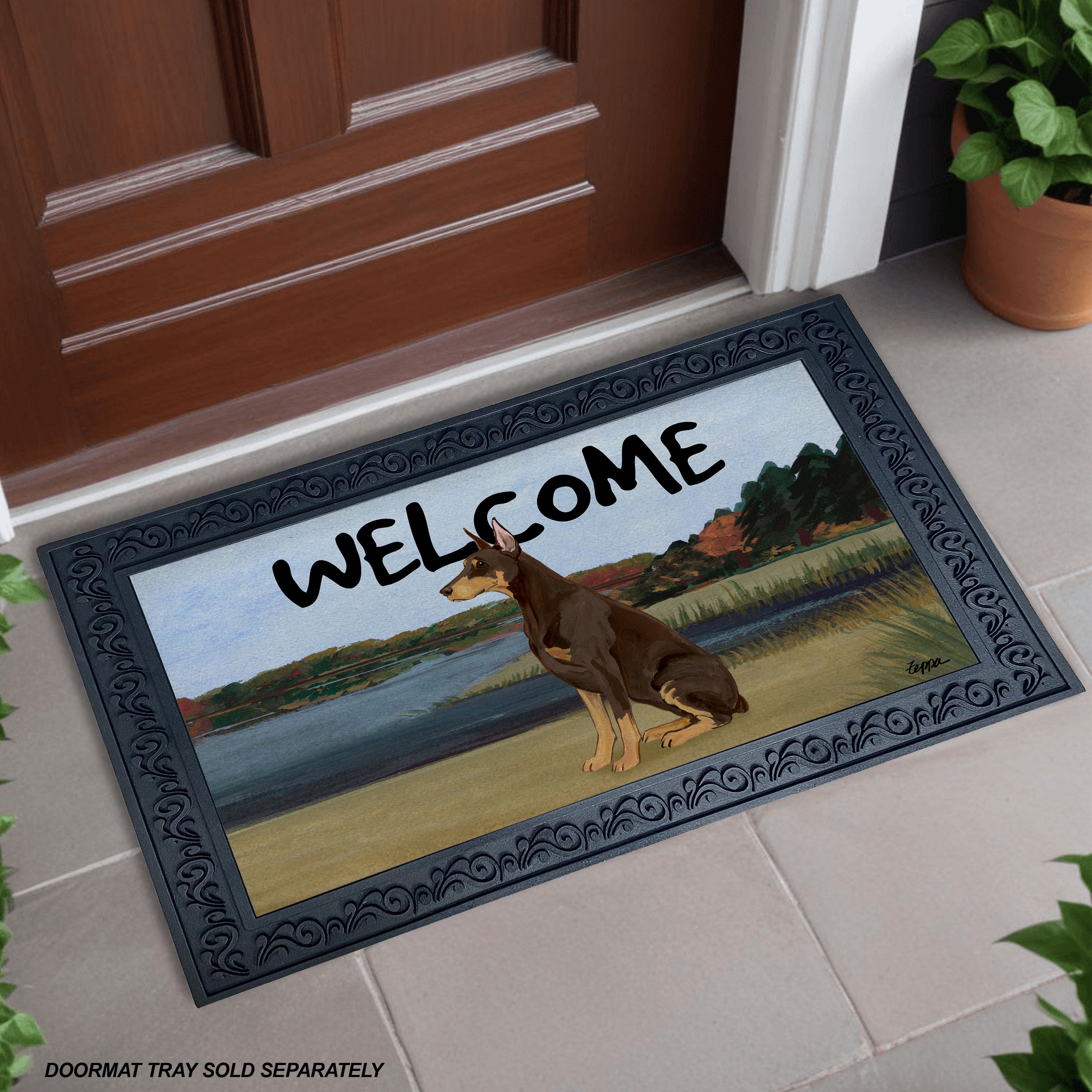 Red Doberman Lake Scene Welcome Mat