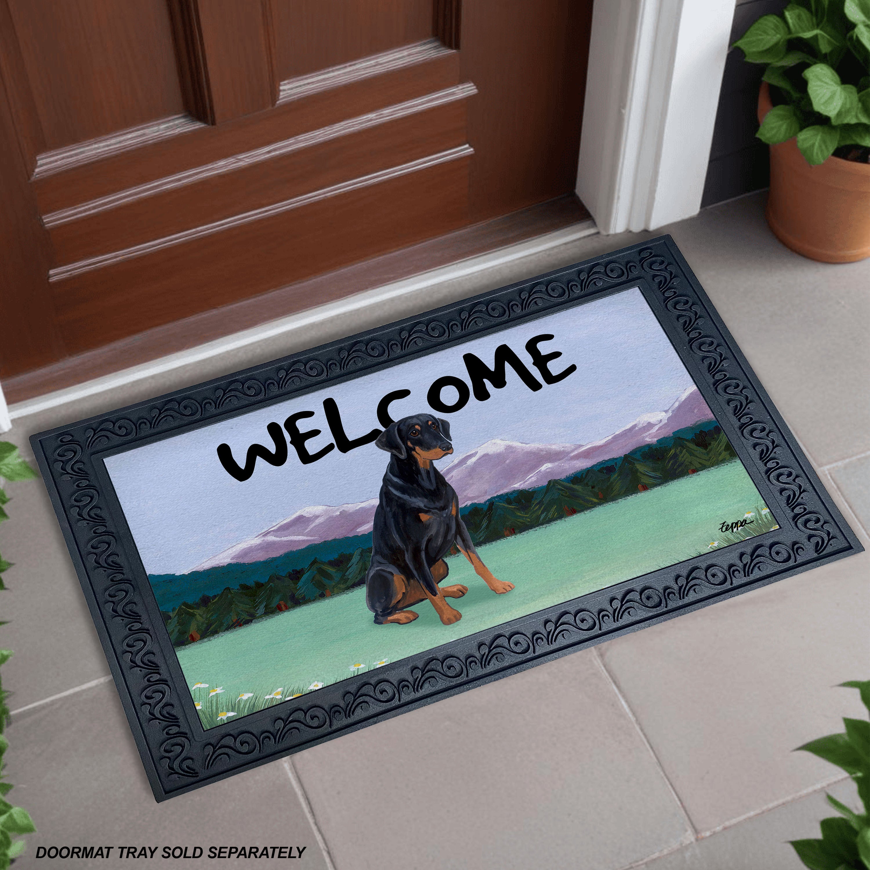 Uncropped Doberman Mountain Scene Welcome Mat