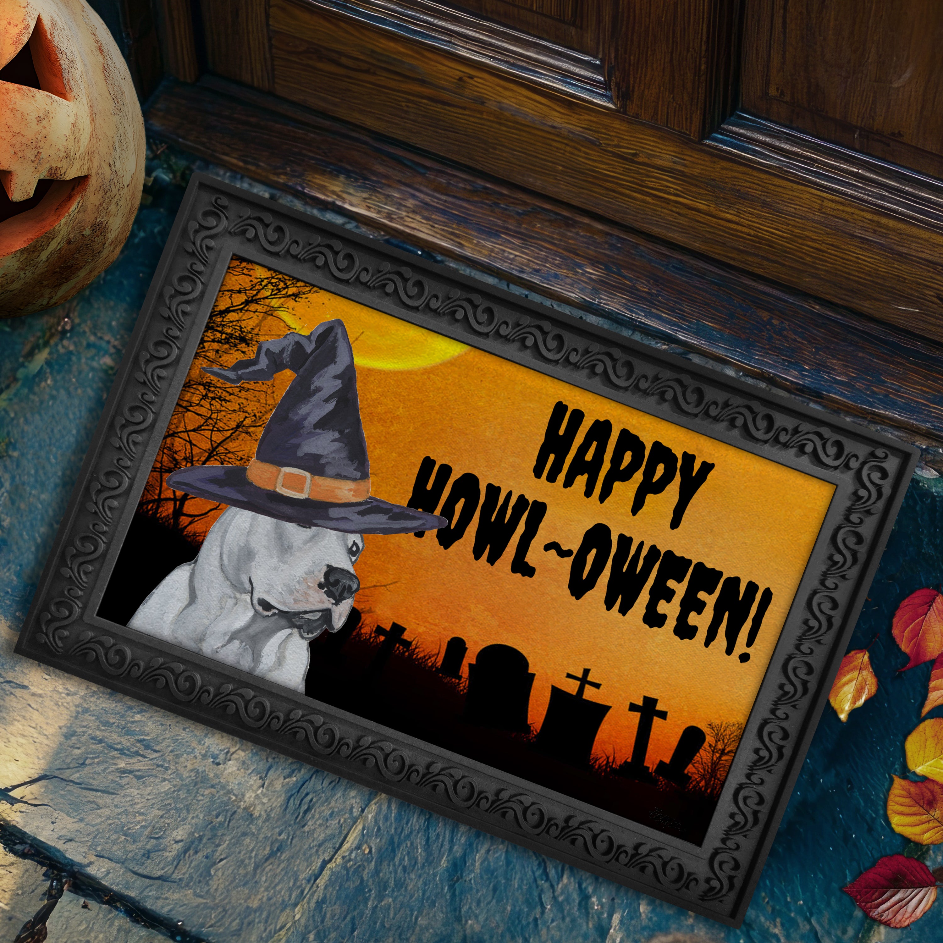 Dogo Argentino in a witch's hat on a Happy Howl-ween doormat.