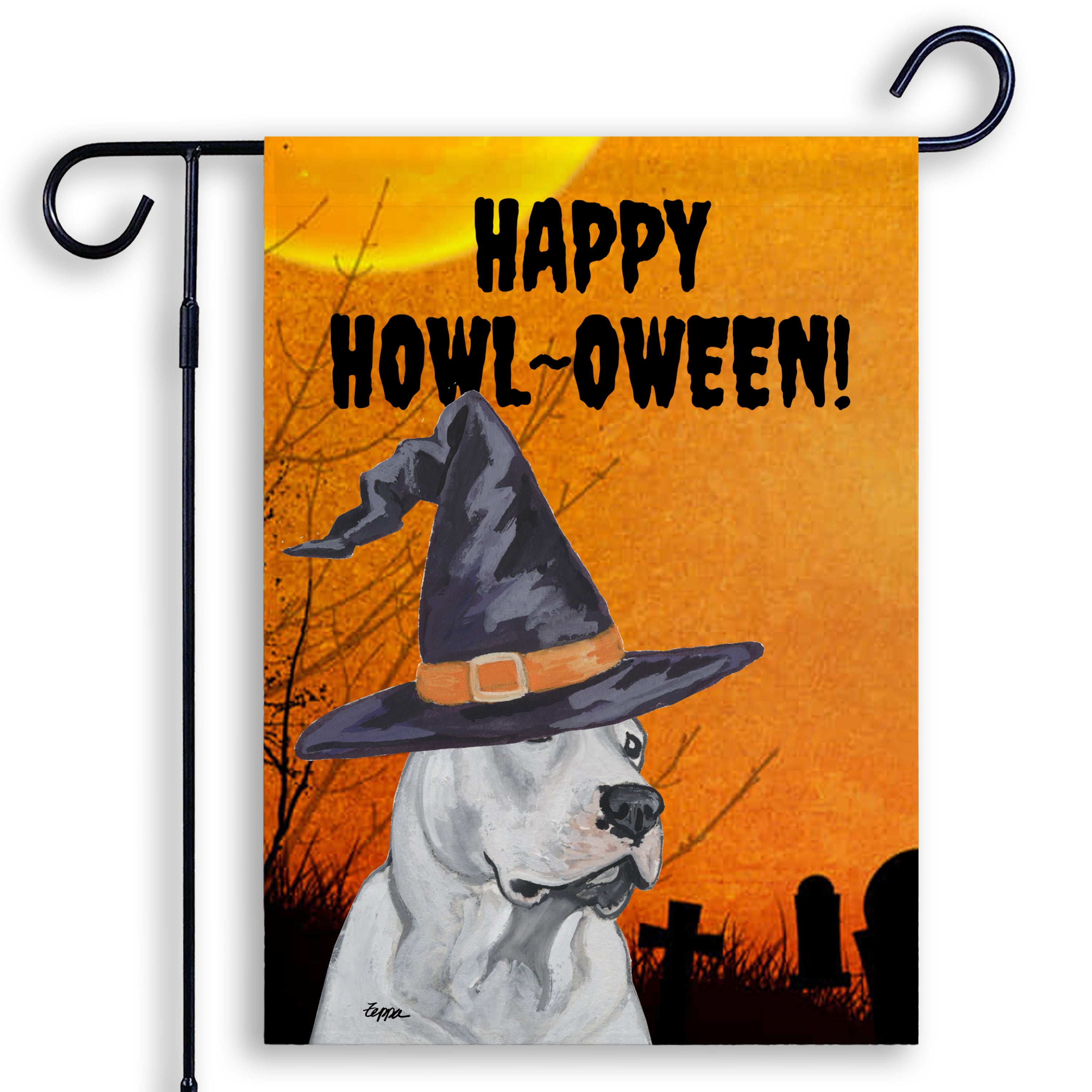 Halloween-themed garden flag with a Dogo Argention wearing a witch hat and 'Happy Howl-Oween!' text.