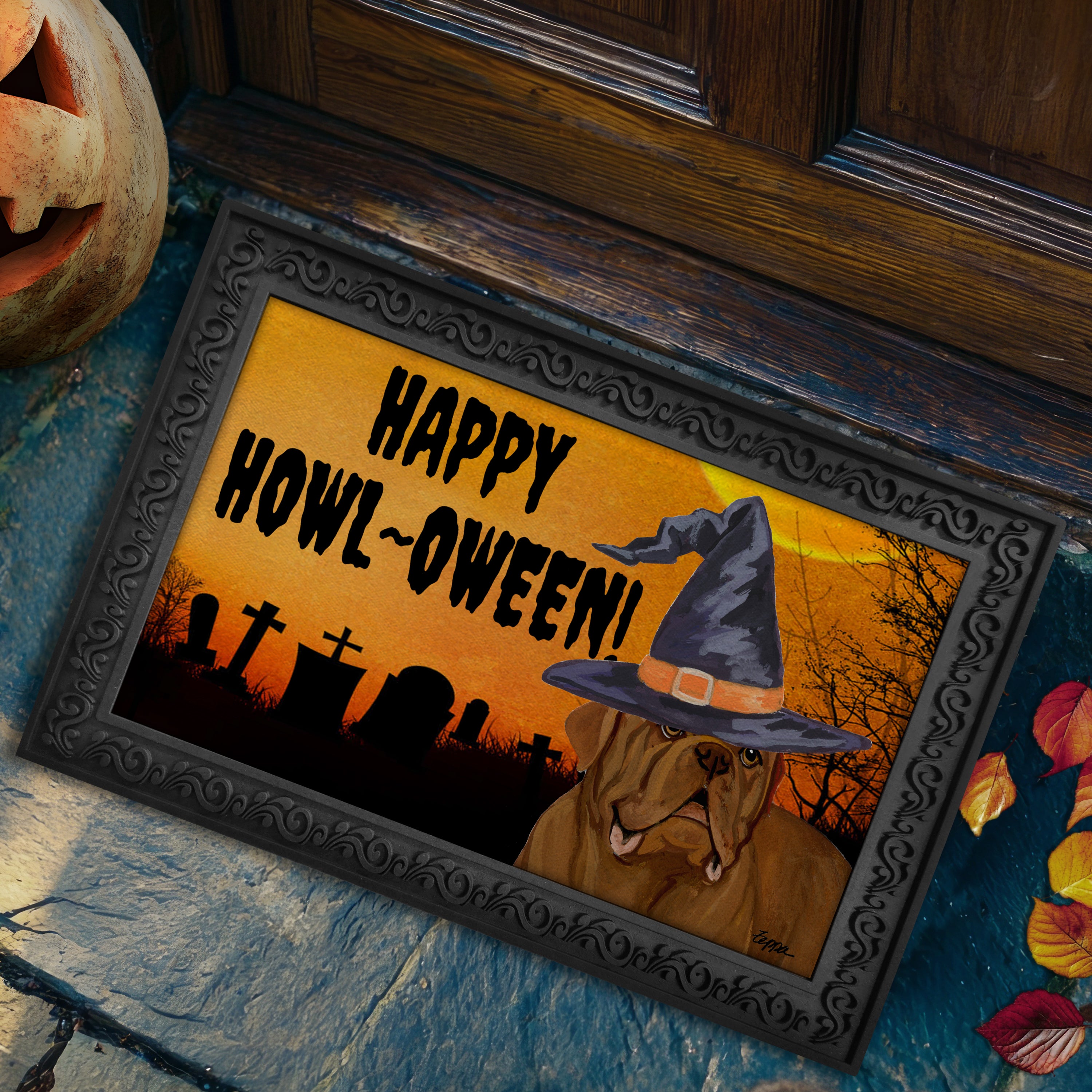 Halloween-themed doormat with a Dogue de Bordeaux wearing a witch hat and 'Happy Howl-Oween!' text on a doorstep.
