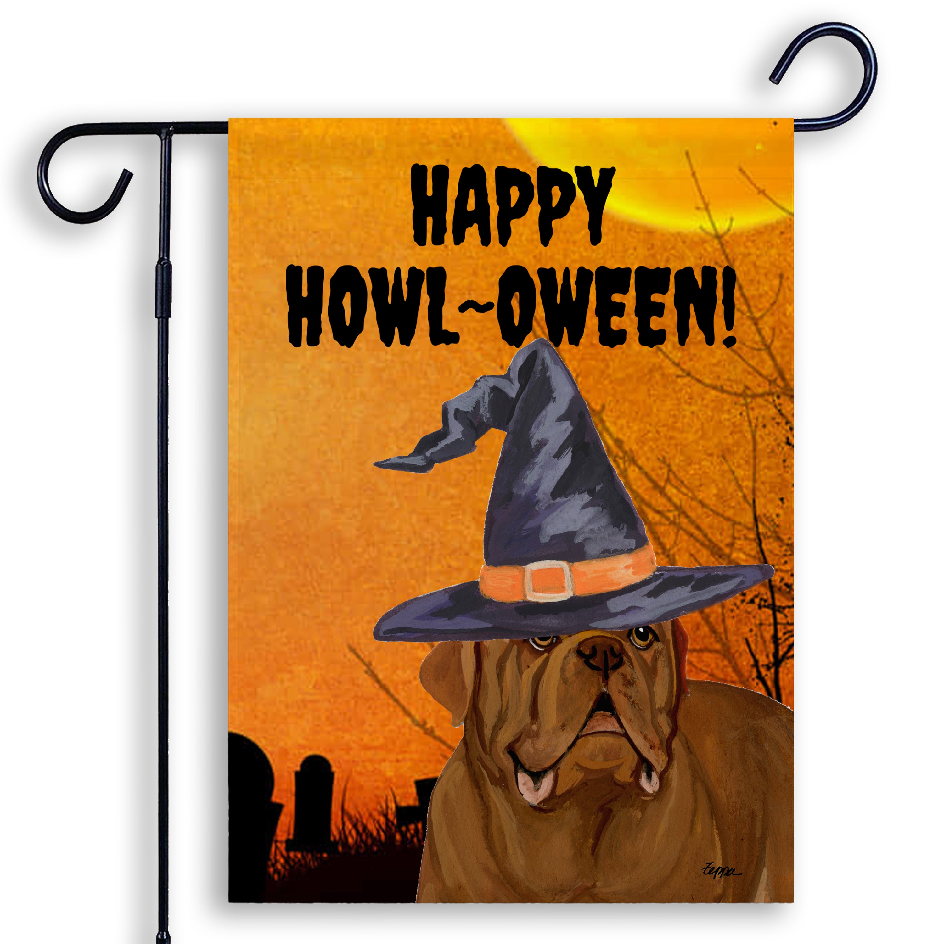 Halloween-themed garden flag with an Dogue de Bordeaux wearing a witch hat and 'Happy Howl-Oween!' text on an orange background.