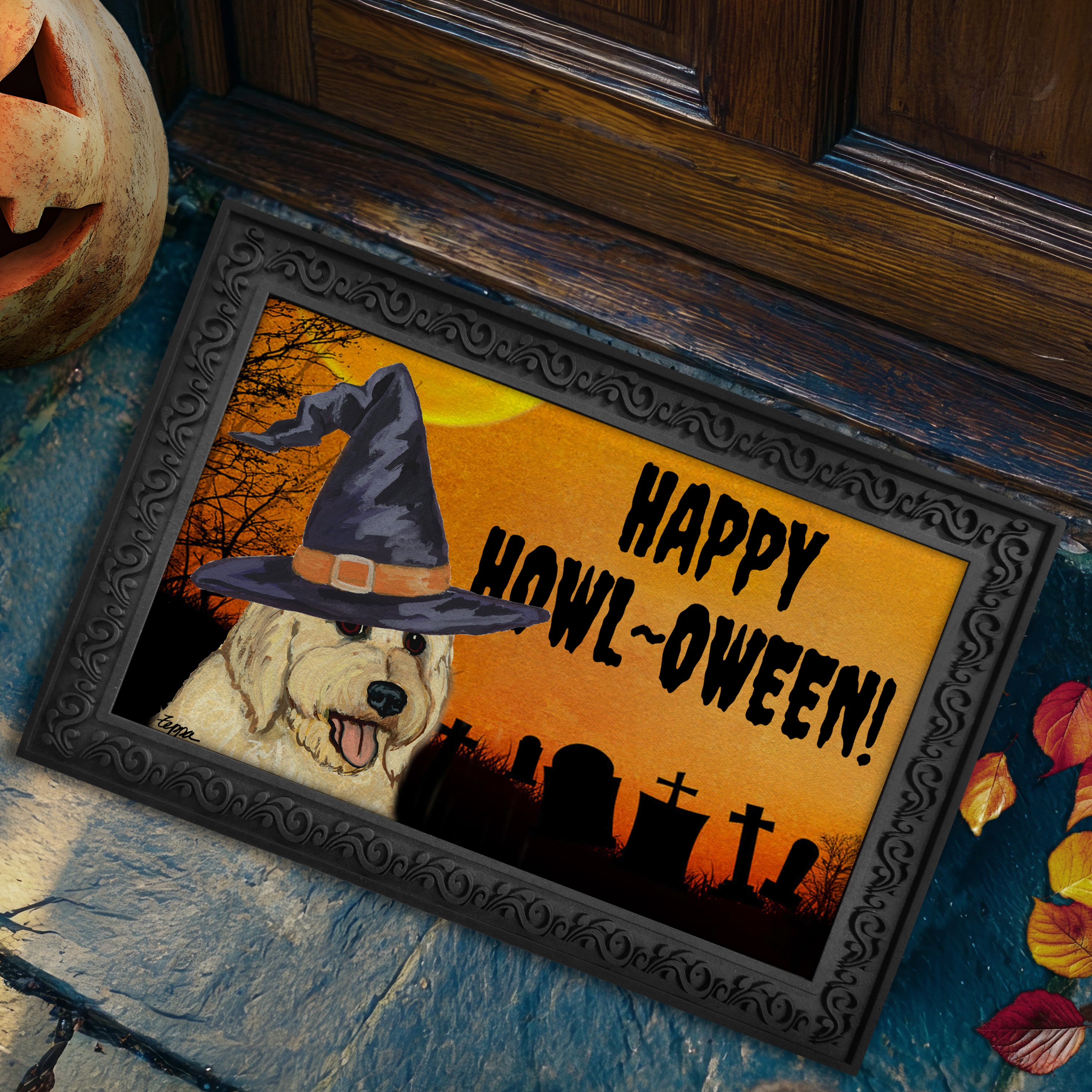 Halloween-themed doormat with a Golden Doodle wearing a witch hat and 'Happy Howl-Oween!' text on a doorstep.