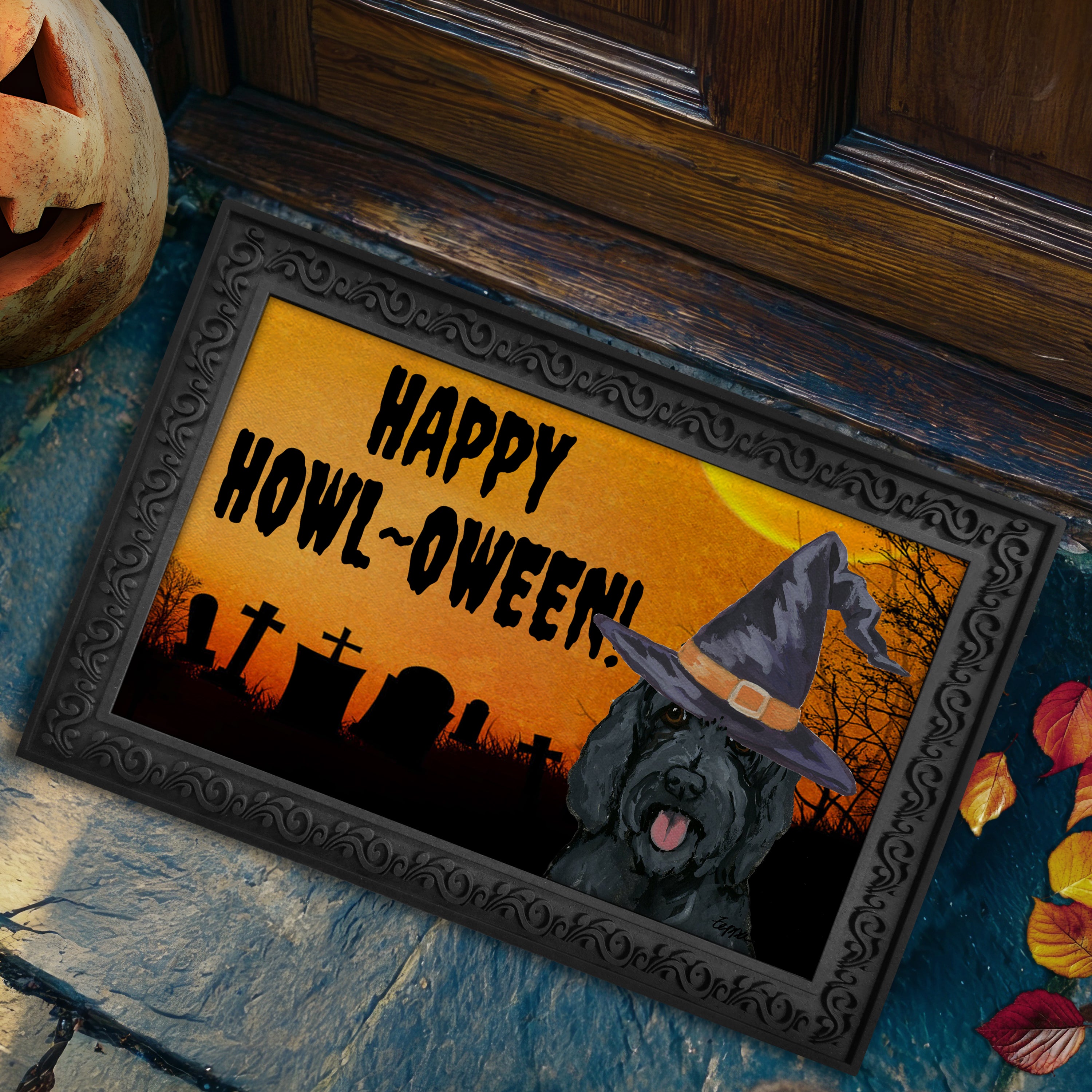 Halloween-themed doormat with a Labradoodle wearing a witch hat and 'Happy Howl-Oween!' text on a doorstep.