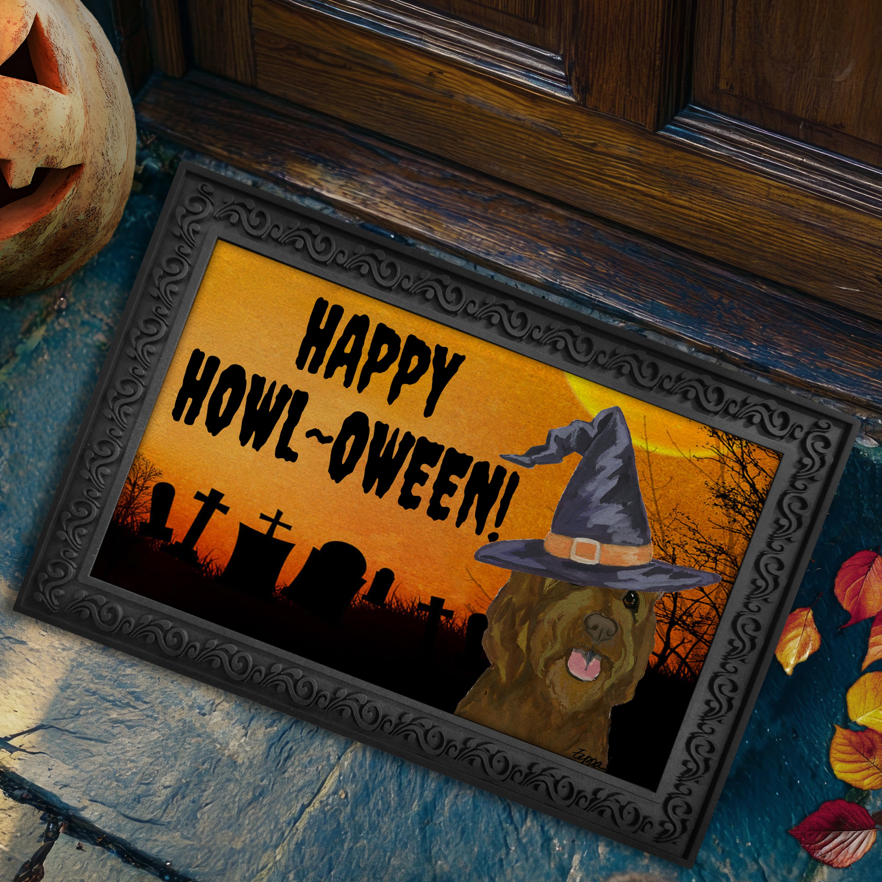 Halloween-themed doormat with a Labradoodle wearing a witch hat and 'Happy Howl-Oween!' text on a doorstep.