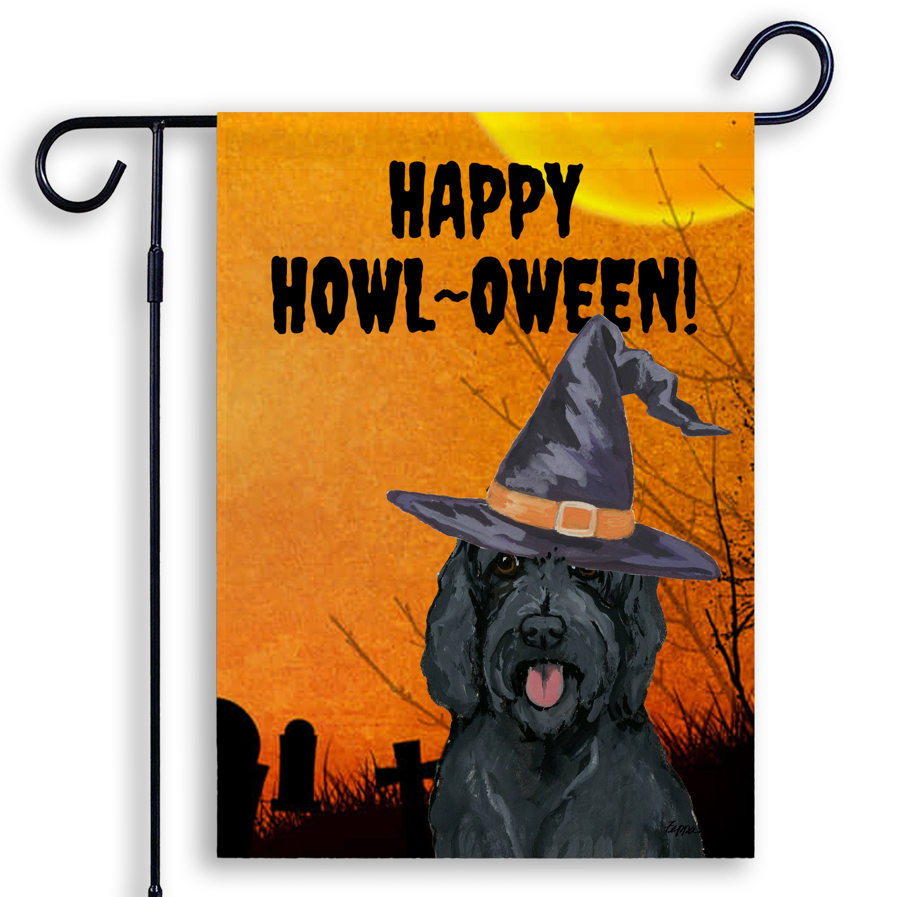 Halloween-themed garden flag with an Labradoodle wearing a witch hat and 'Happy Howl-Oween!' text on an orange background.