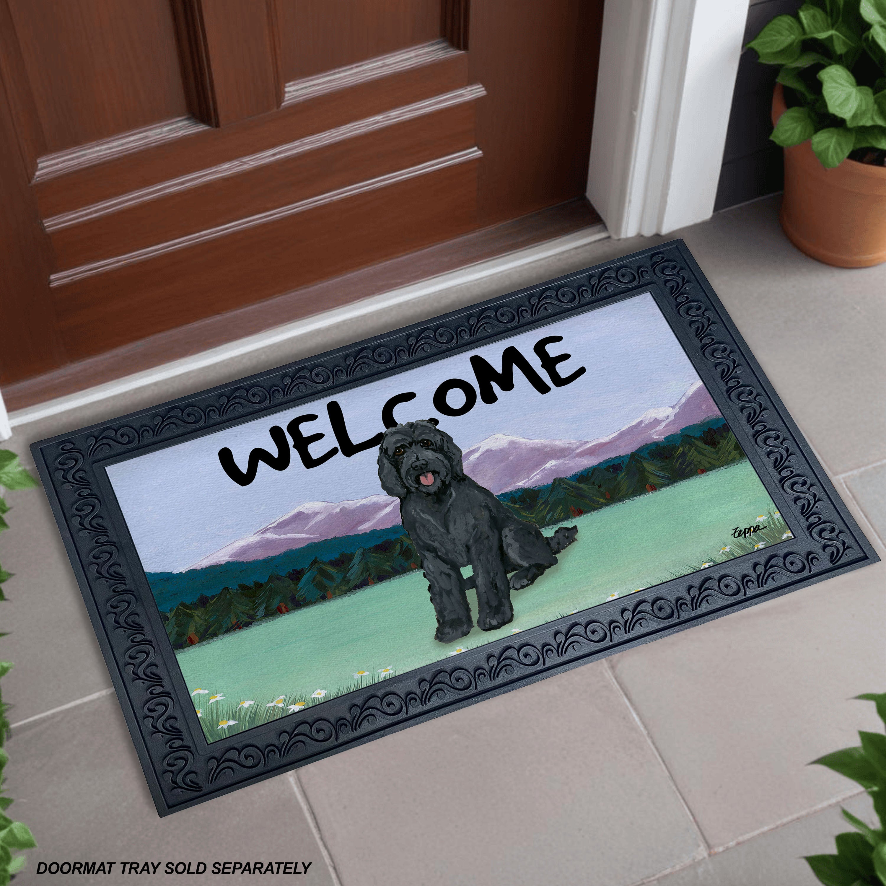 Black Labraoodle Mountain Scene Welcome Mat