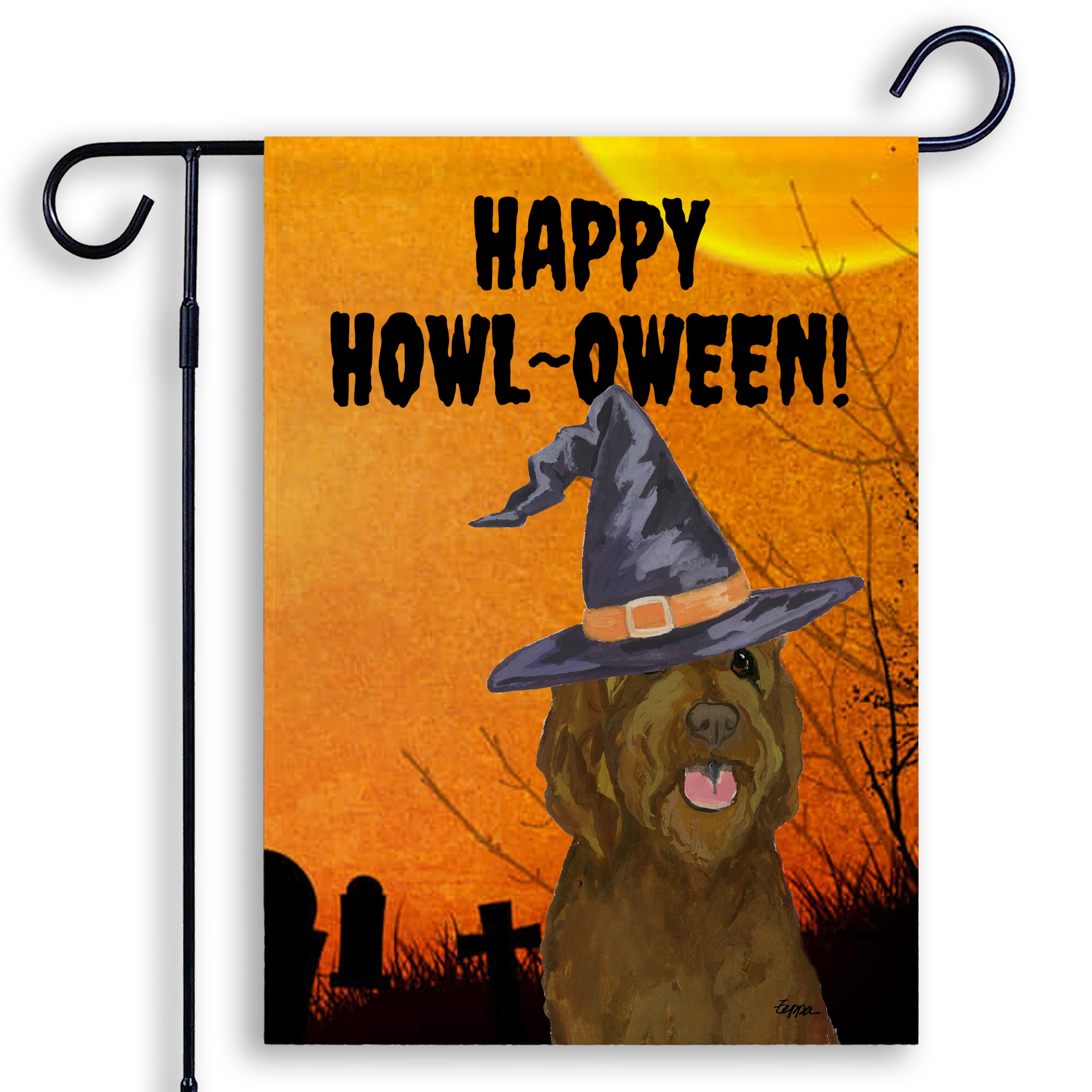 Halloween-themed garden flag with an Labradoodle wearing a witch hat and 'Happy Howl-Oween!' text on an orange background.