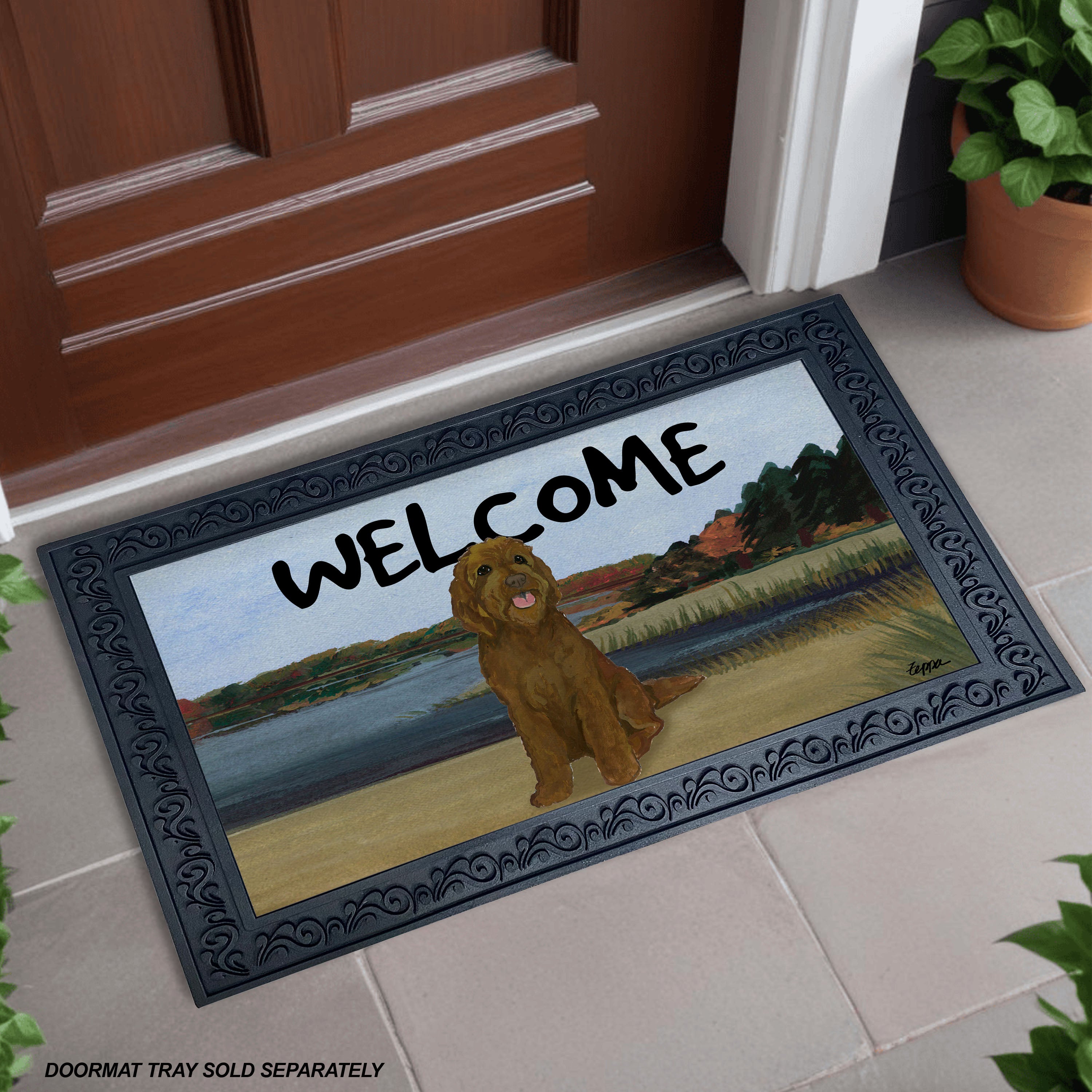 Brown Labraoodle Lake Scene Welcome Mat