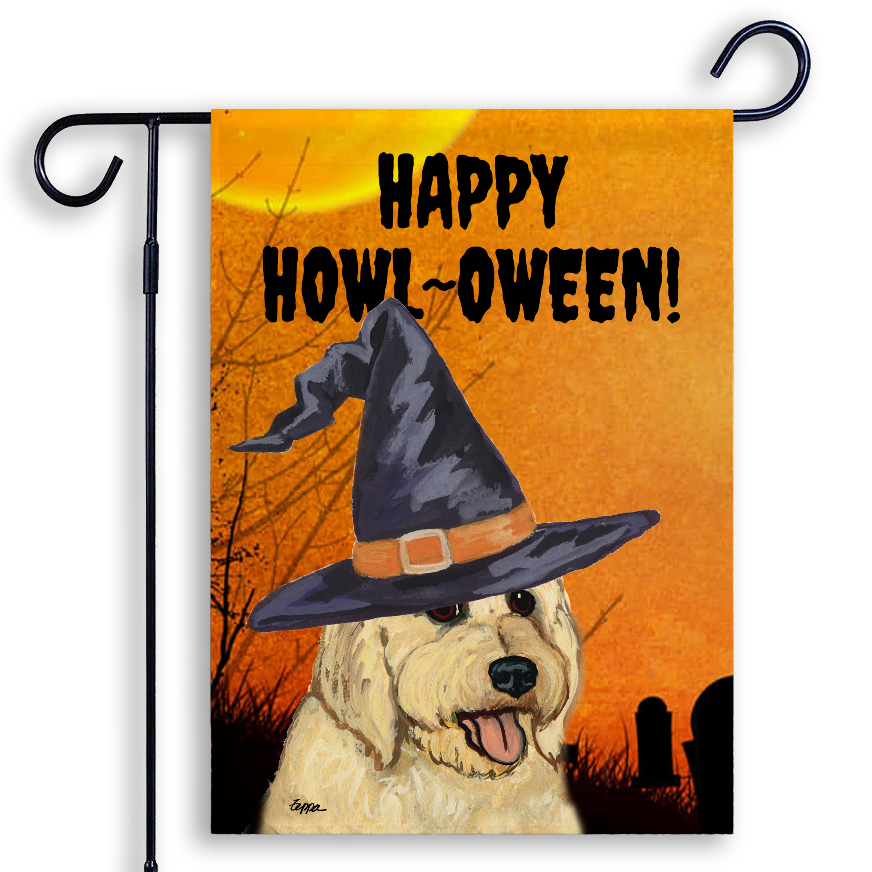 Halloween-themed garden flag with an Golden Doodle wearing a witch hat and 'Happy Howl-Oween!' text on an orange background.