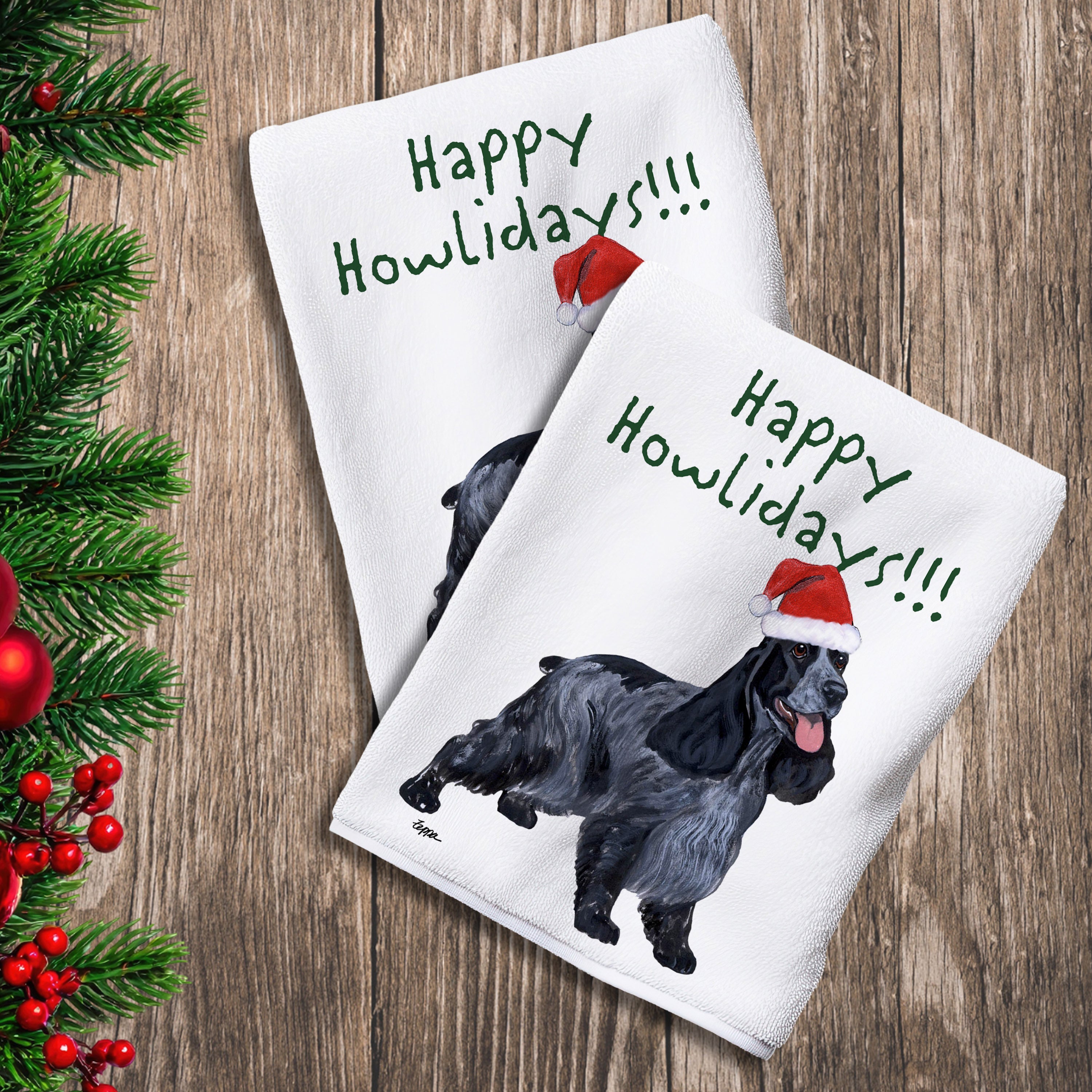 2 Kitchen Towels with a English Cocker Spaniel in a Santa Hat and Happy Howlidays text. 