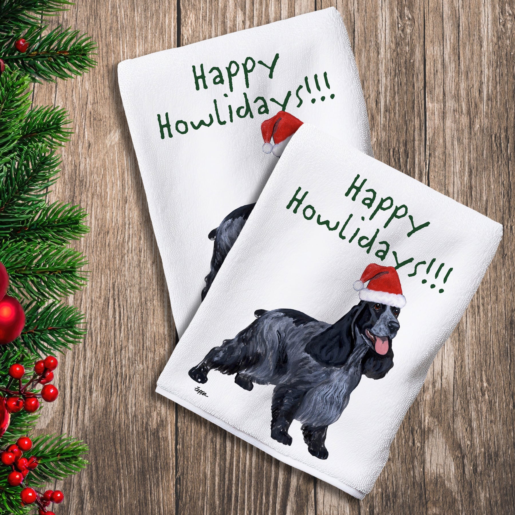 2 Kitchen Towels with a English Cocker Spaniel in a Santa Hat and Happy Howlidays text. 