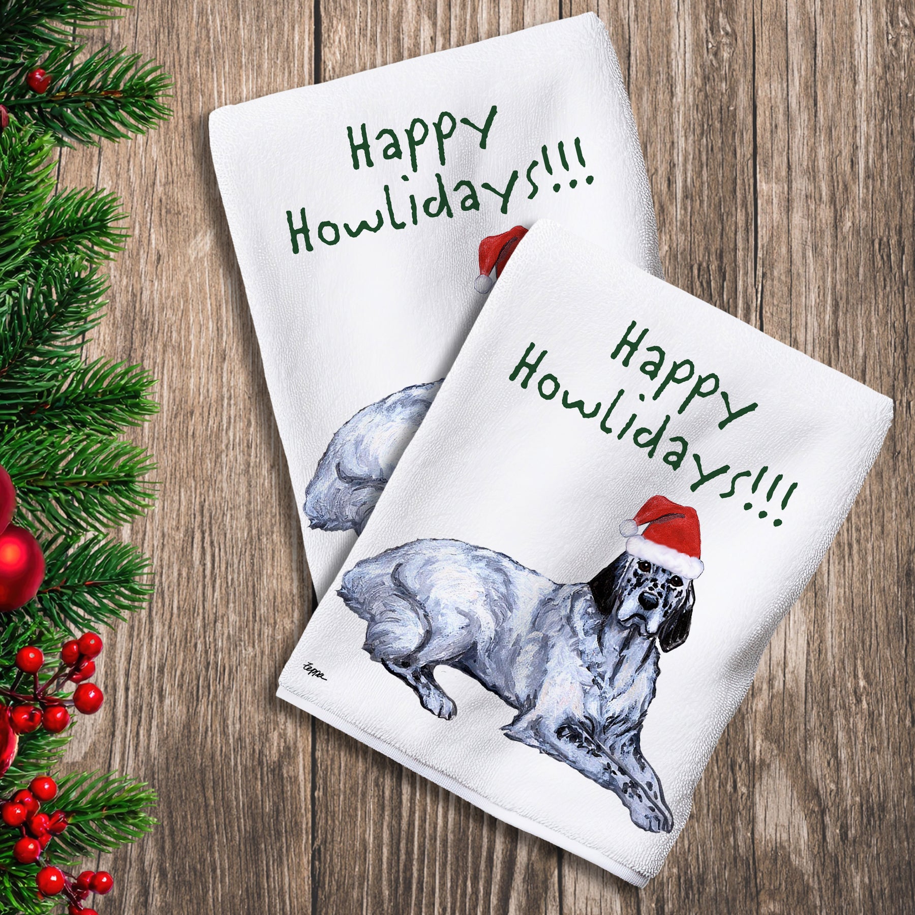2 Kitchen Towels with an English Setter in a Santa Hat and Happy Howlidays text. 