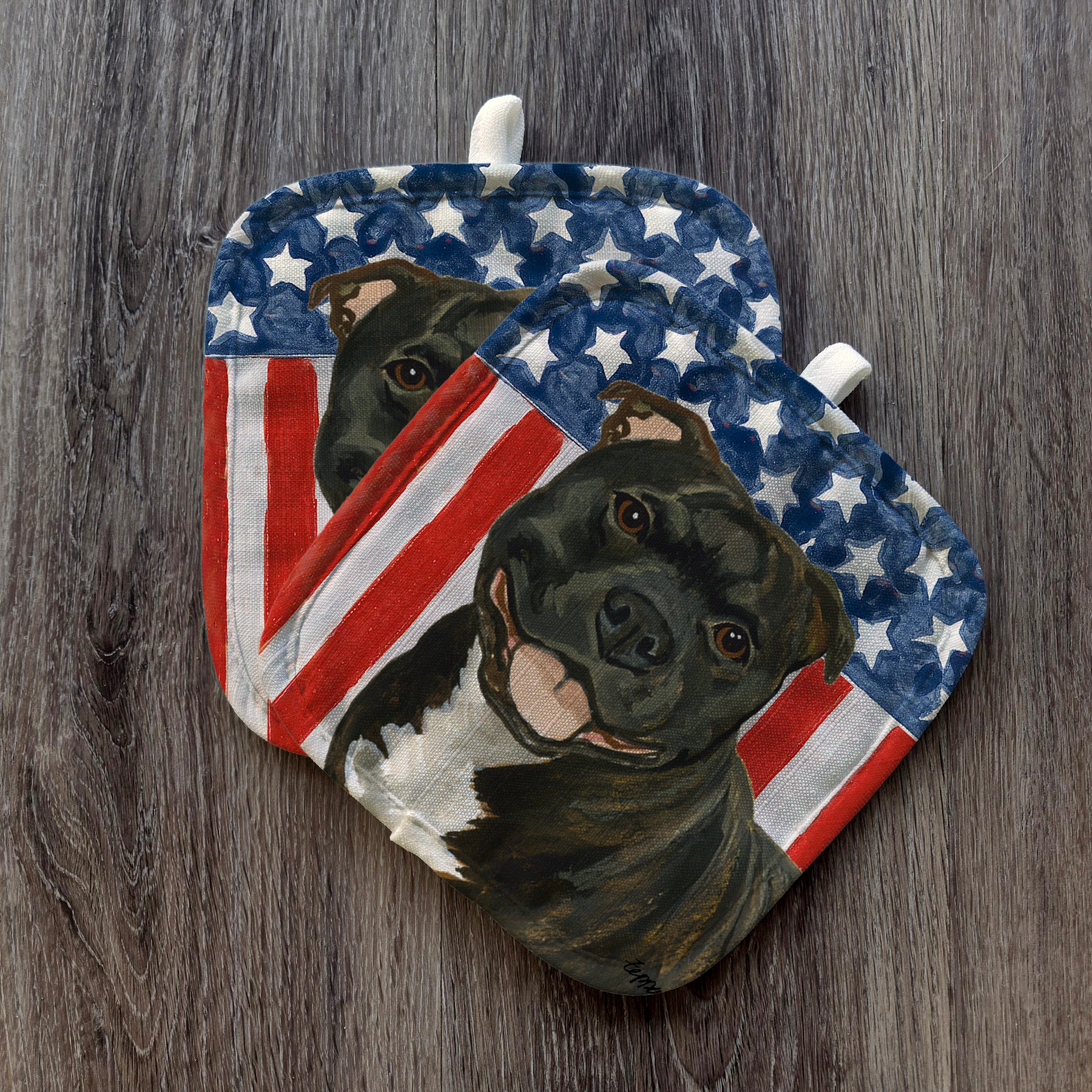 Brindle English Staffordshire Terrier Americana Pot Holder Set