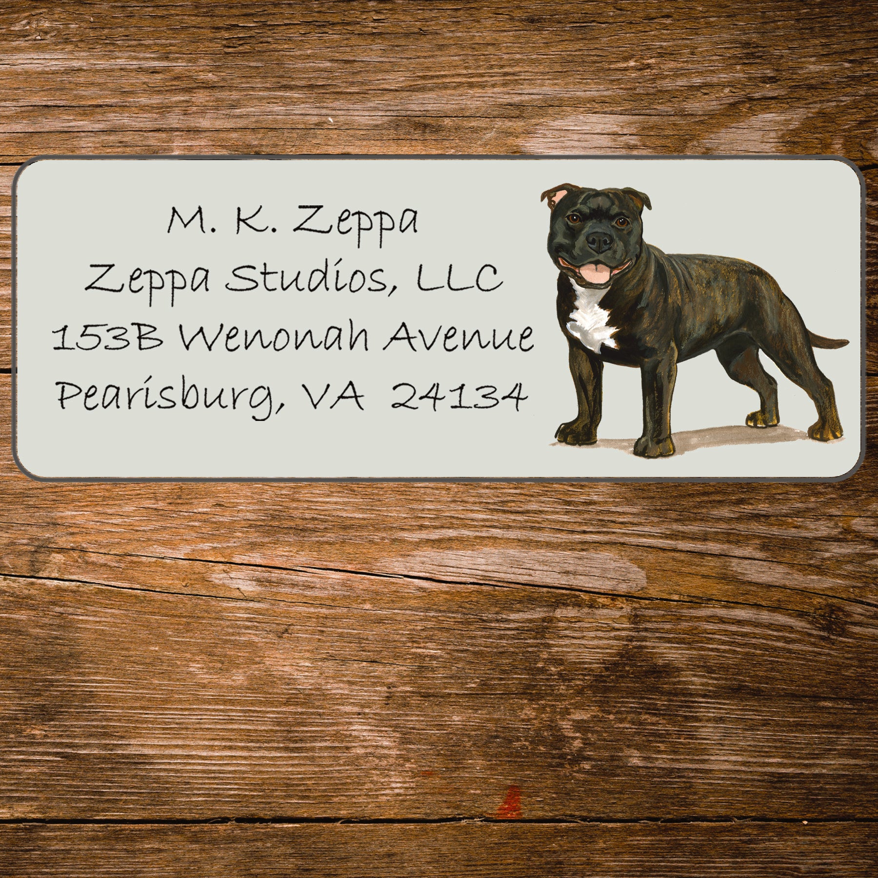 Return address label with a Staffordshire Bull Terrier illustration