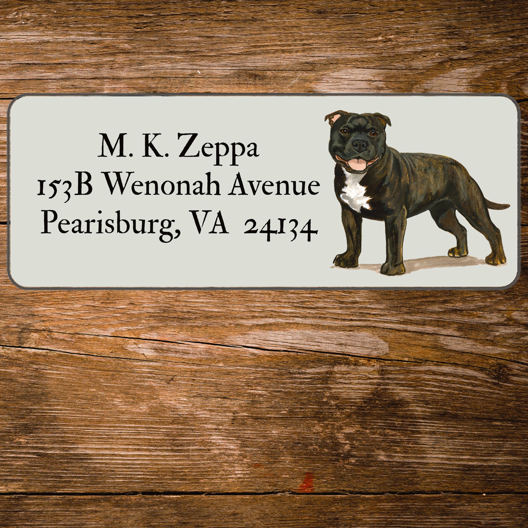 Return address label with a Staffordshire Bull Terrier illustration