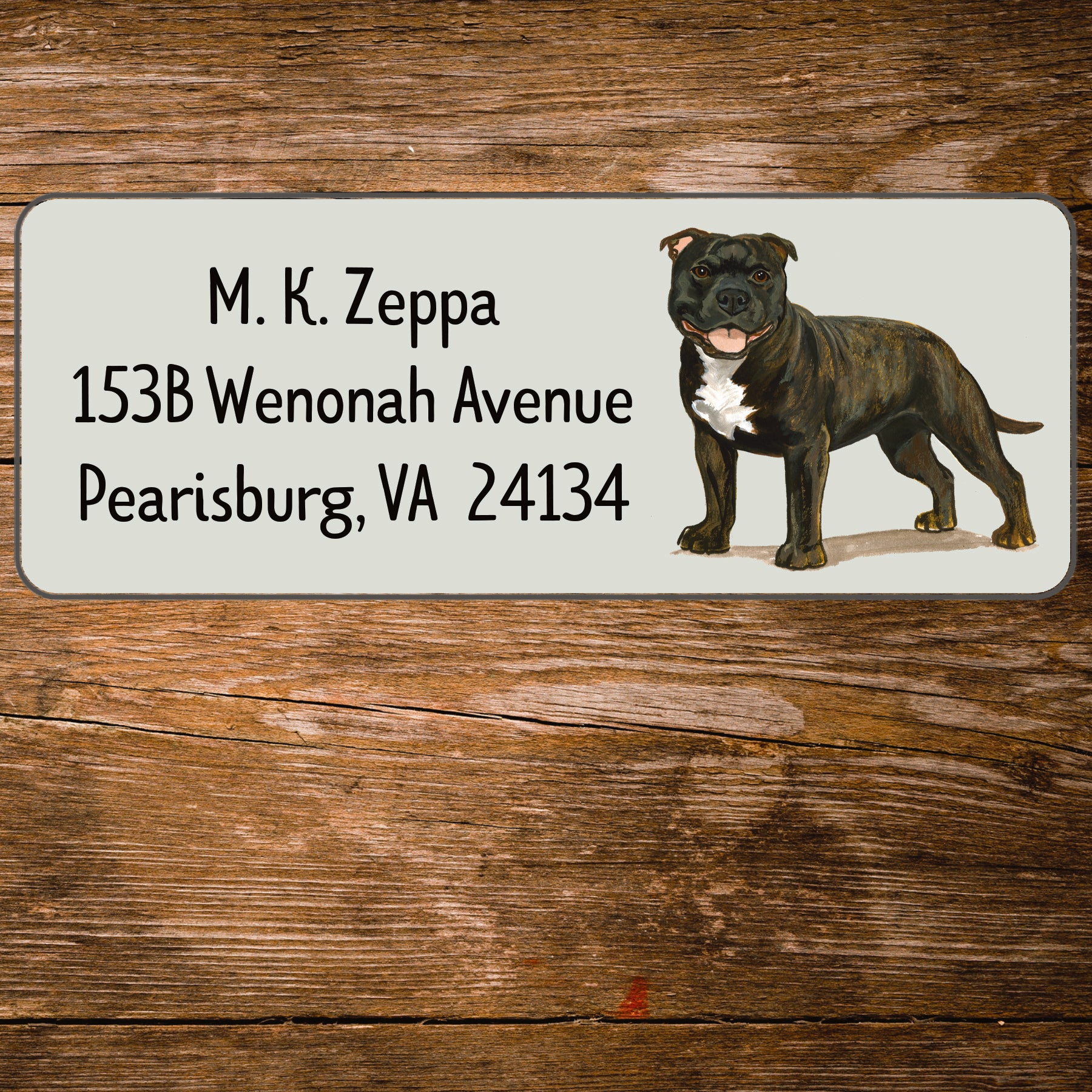 Return address label with a Staffordshire Bull Terrier illustration