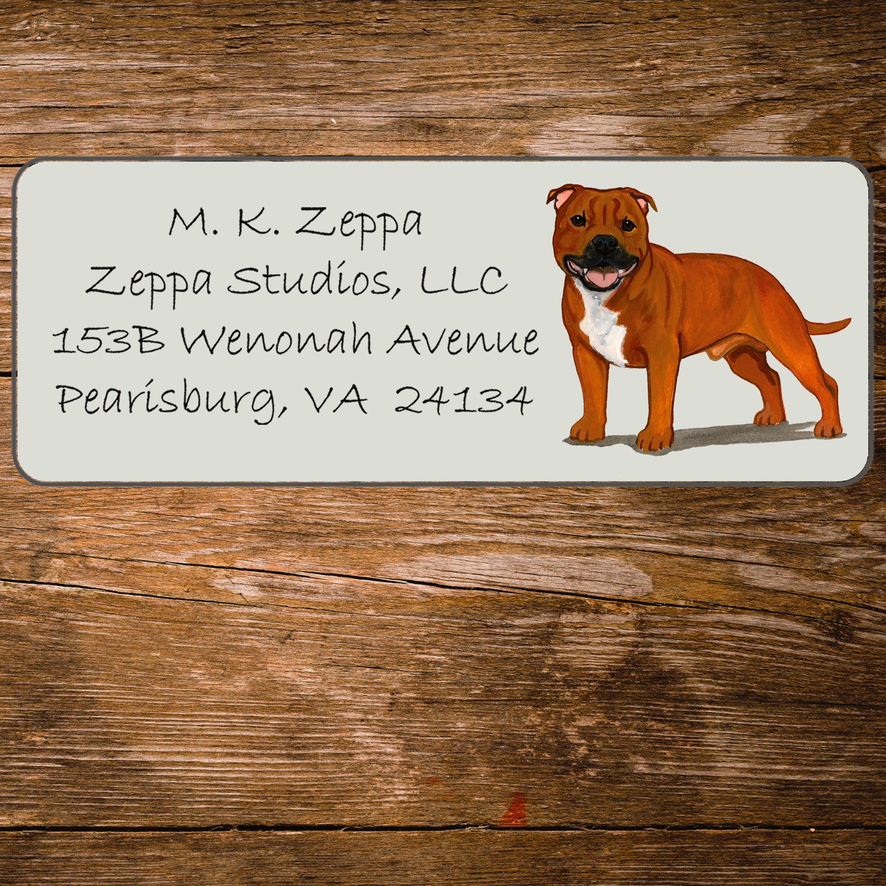 Return address label with a Staffordshire Bull Terrier illustration