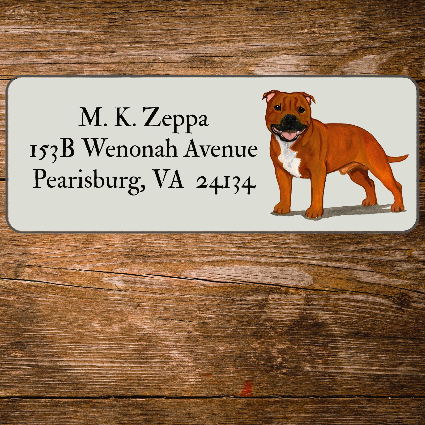 Return address label with a Staffordshire Bull Terrier illustration