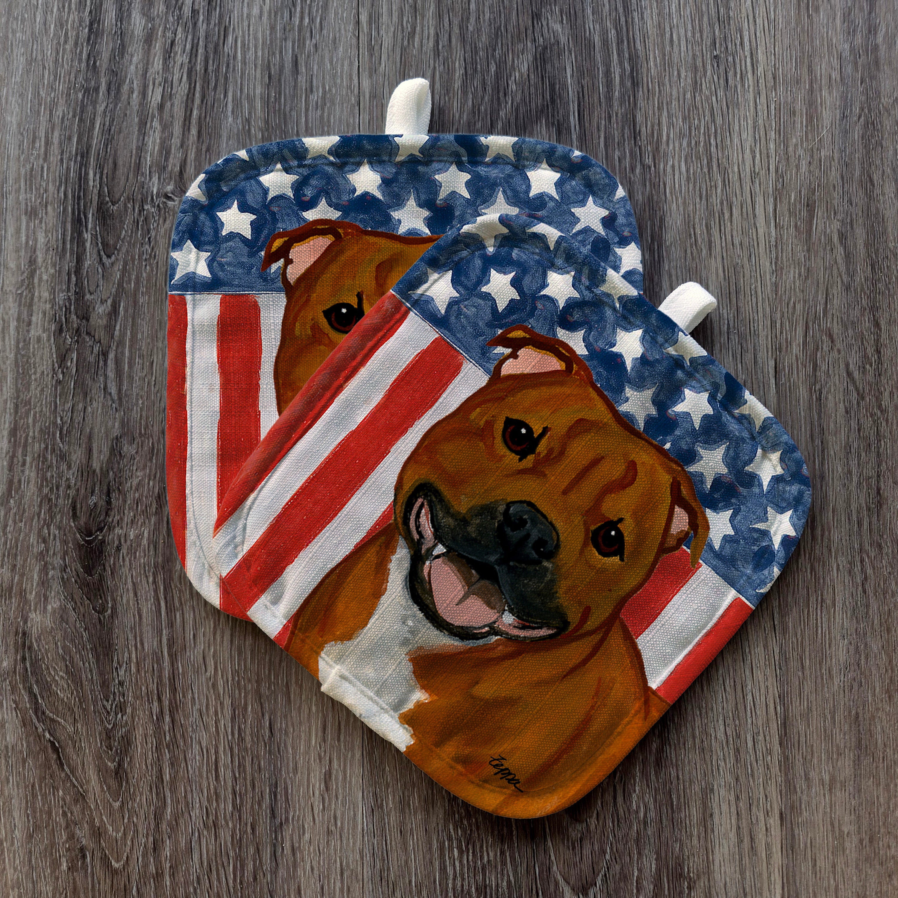 Red English Staffordshire Terrier Americana Pot Holder Set
