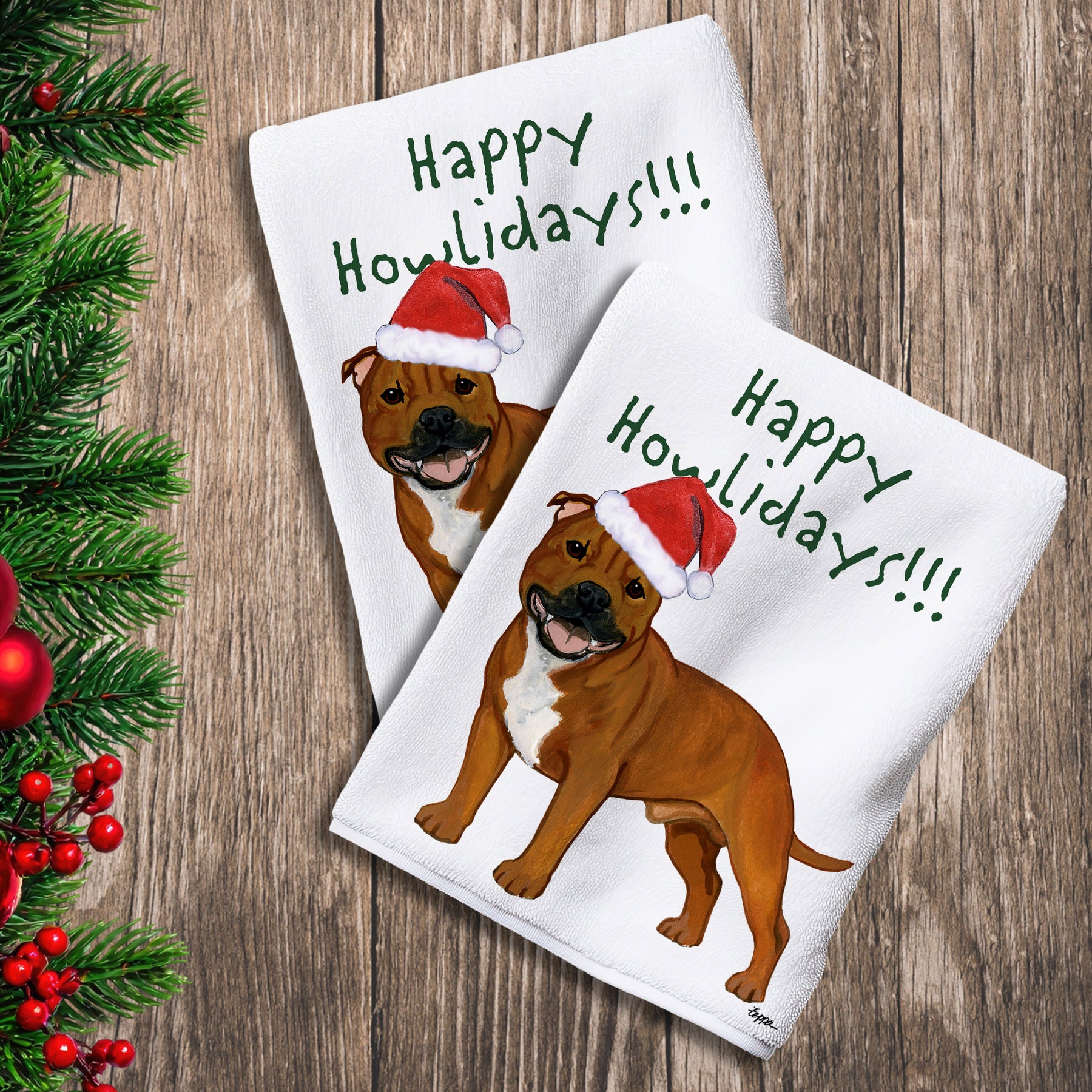 2 Kitchen Towels with an English Staffordshire Terrier in a Santa Hat and Happy Howlidays text. 