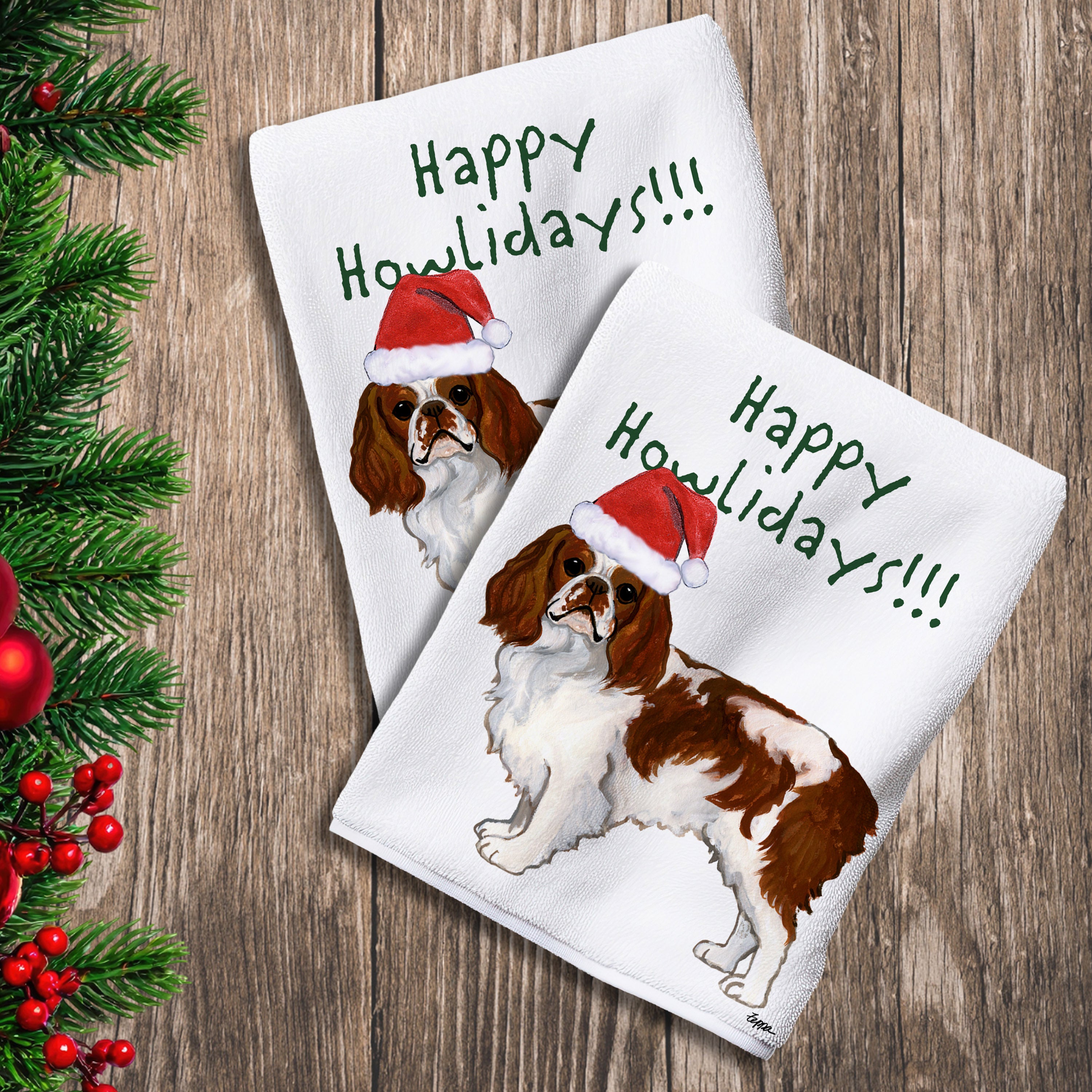 2 Kitchen Towels with a Blenheim English Toy Spaniel in a Santa Hat and Happy Howlidays text. 