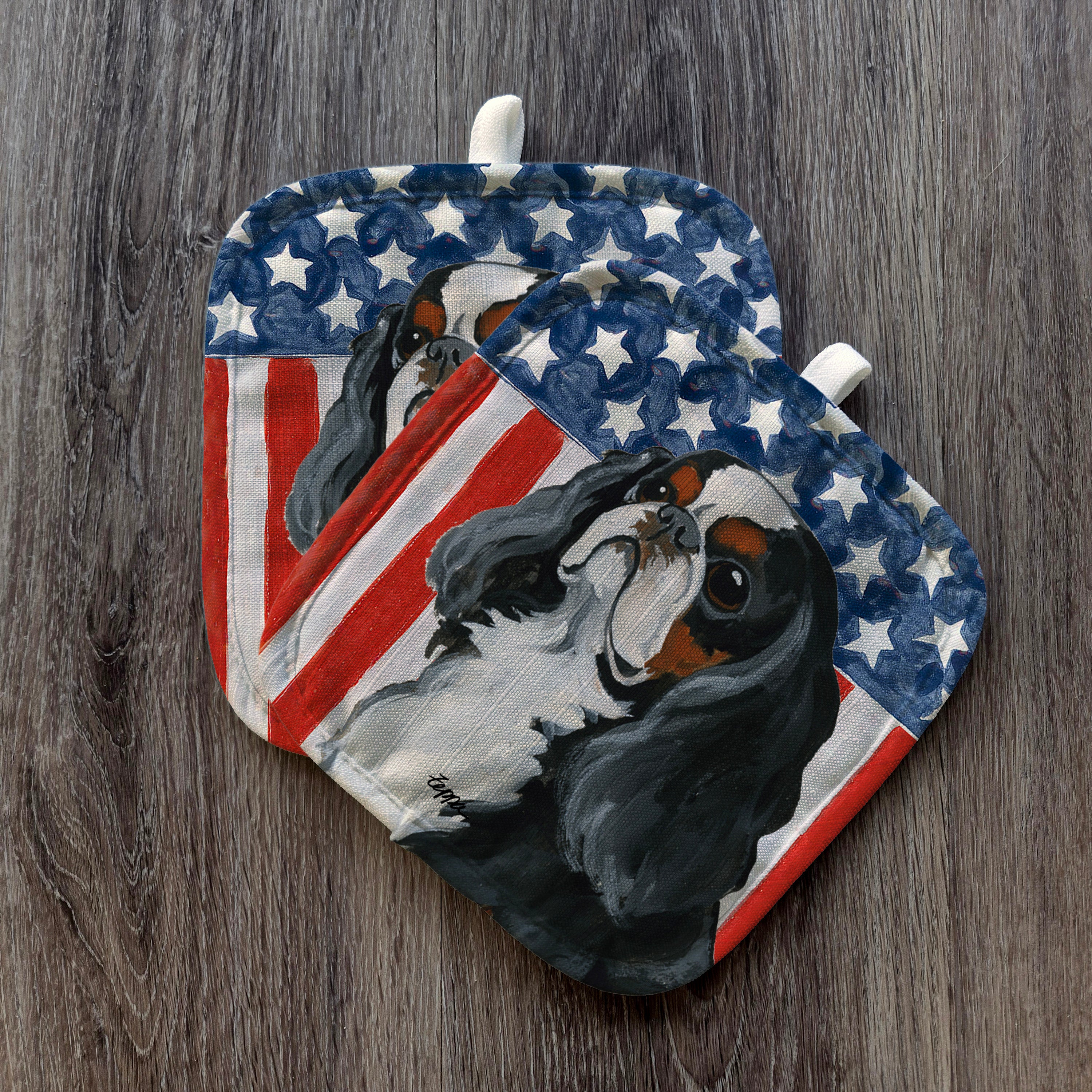 Tri Color English Toy Spaniel Americana Pot Holder Set